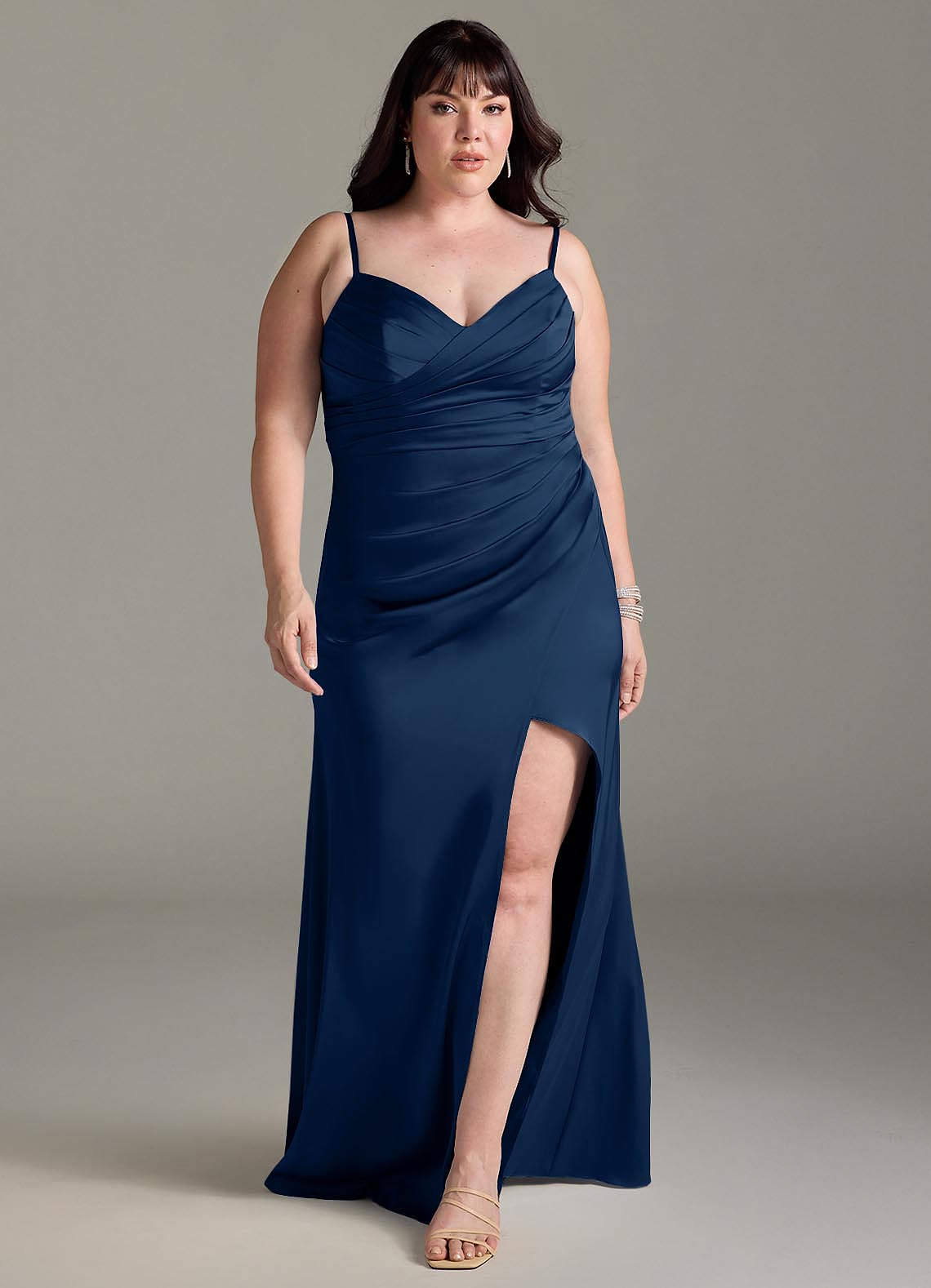 Azazie Yola Bridesmaid Dresses Dark Navy Sheath V-Neck Pleated Stretch Satin Convertible Dress image1