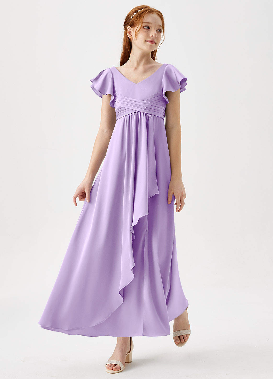 Azazie Omari Junior Lilac A-Line Pleated Stretch Satin Dress image1