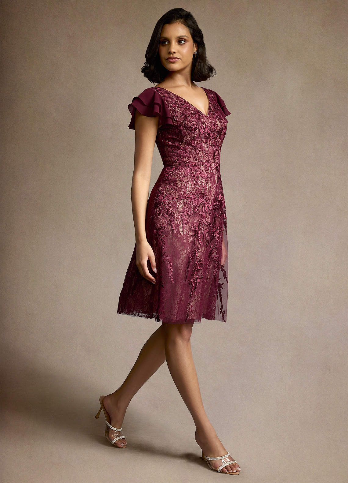 burgundy tie neck ruffle sleeves midi dress