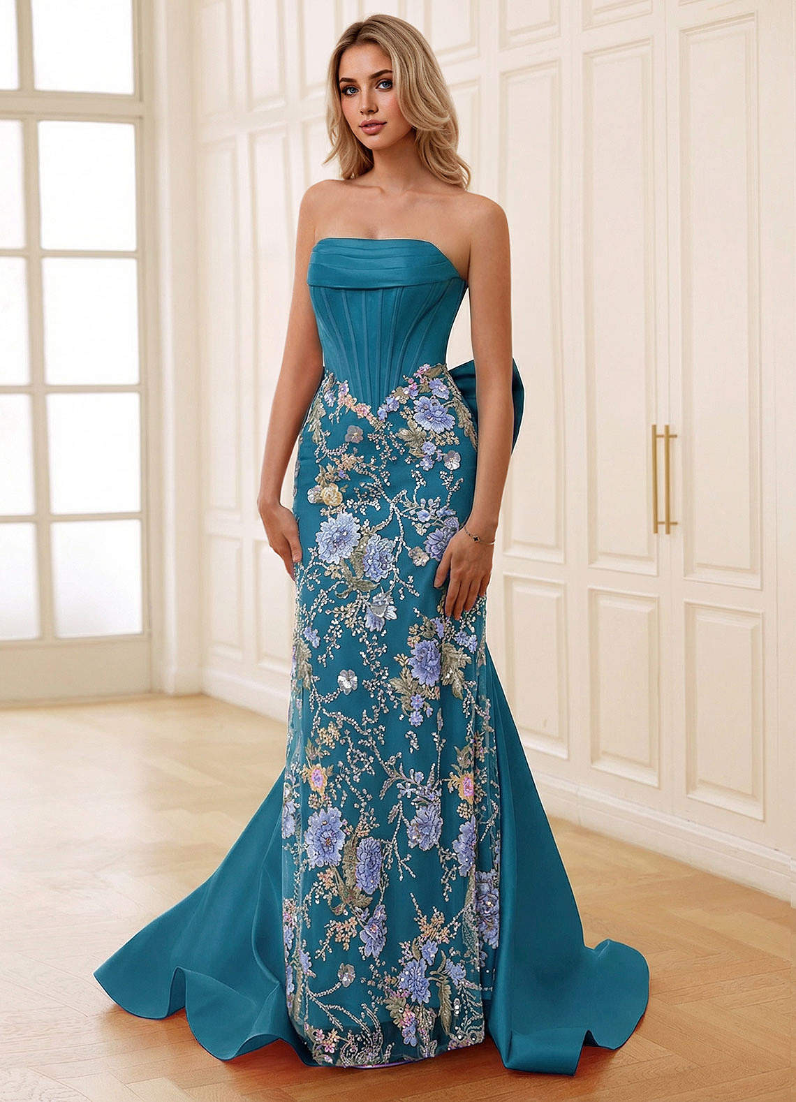 Azazie Peacock Blue Corset Bows Strapless Formal Dress Azazie Peacock Blue Corset Bows Strapless Formal Dress