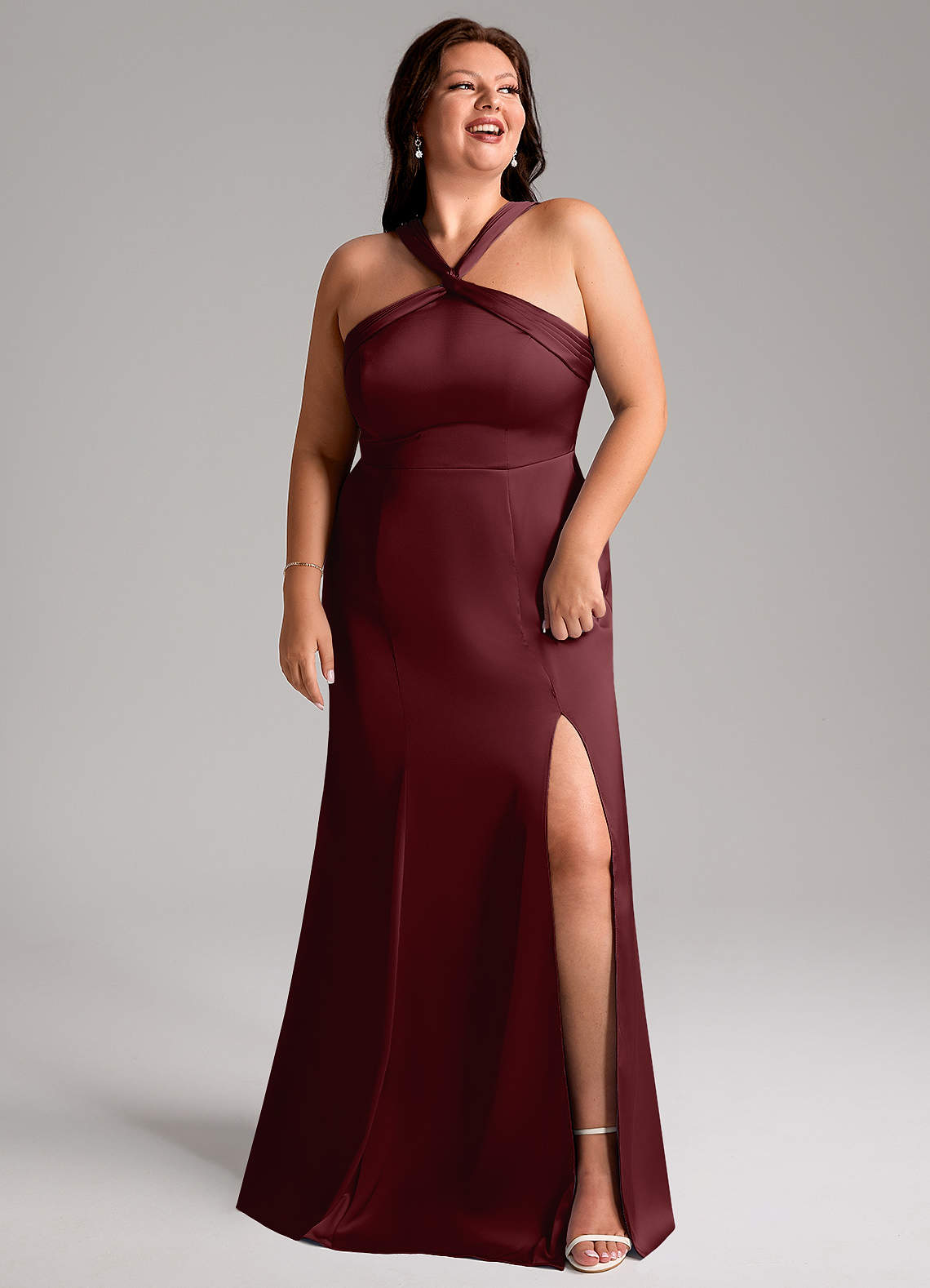 Azazie Rue Bridesmaid Dresses Cabernet A-Line Pleated Stretch Satin Dress image10