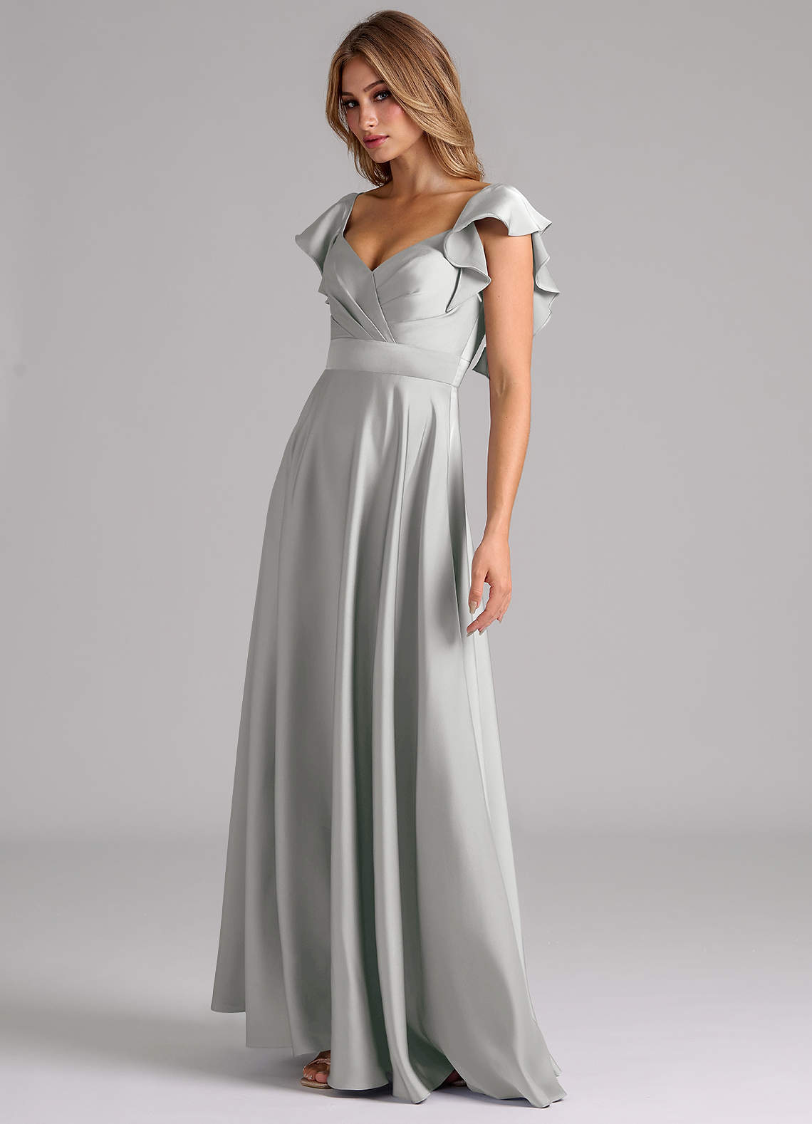 Dark Grey Bridesmaid Dresses Azazie A-Line V-Neck Floor-Length Stretch  Satin Bridesmaid Dresses Silver