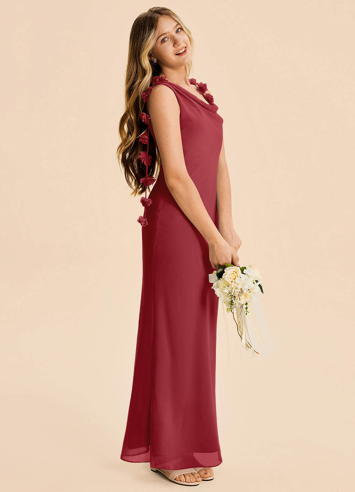 red junior bridesmaid dresses Halter A Line Chiffon Lace Junior Bridesmaid Dress
