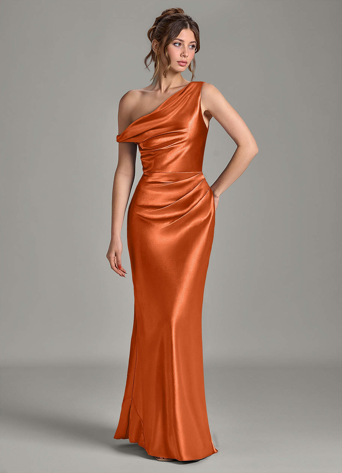 Azazie Emerson Bridesmaid Dresses Burnt Orange Mermaid Off the Shoulder Metallic Satin Dress image3