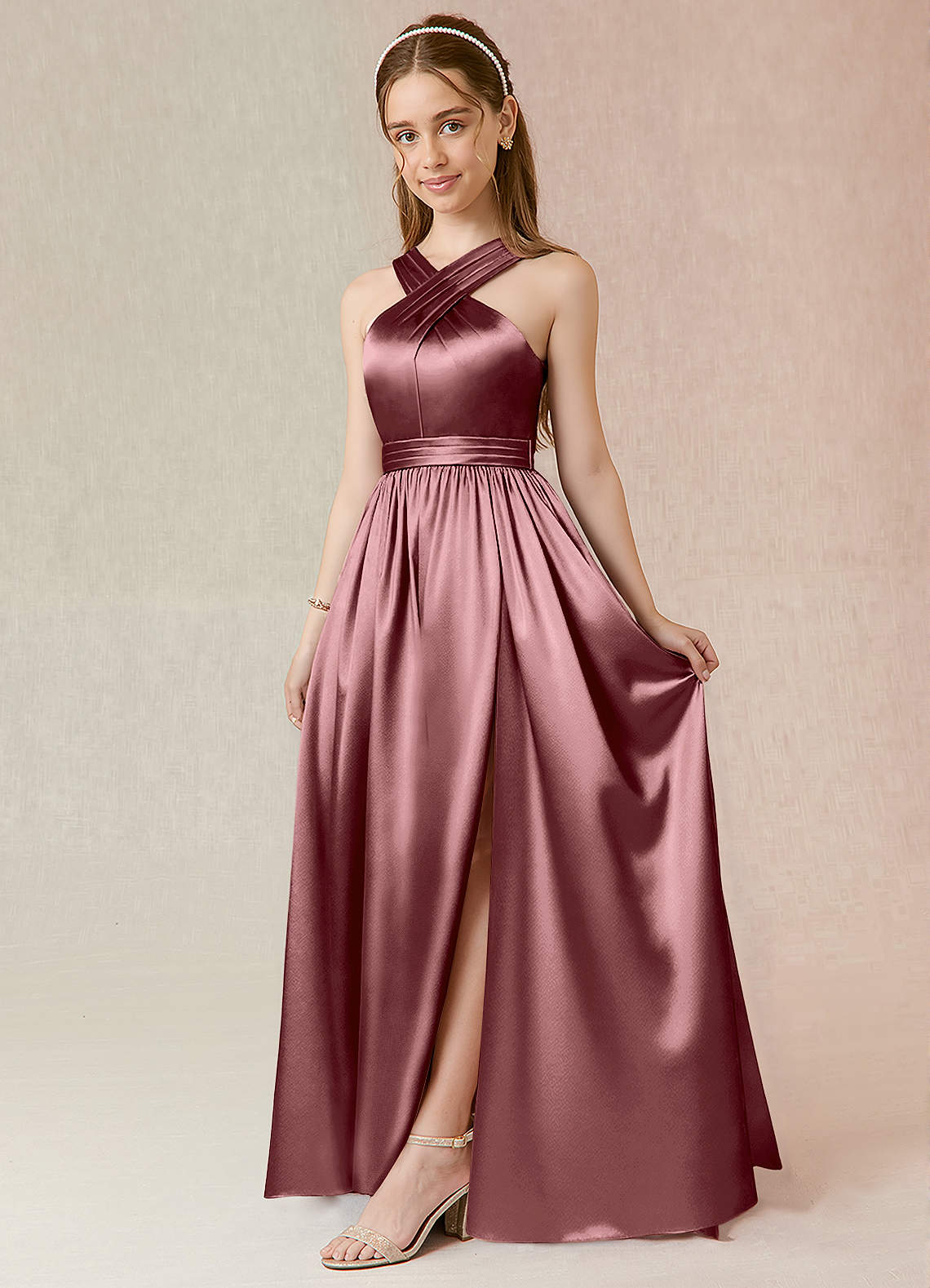 Azazie Jiya Junior Robe Trapèze en Satiné métallisé Plissée Mauve Vintage image1