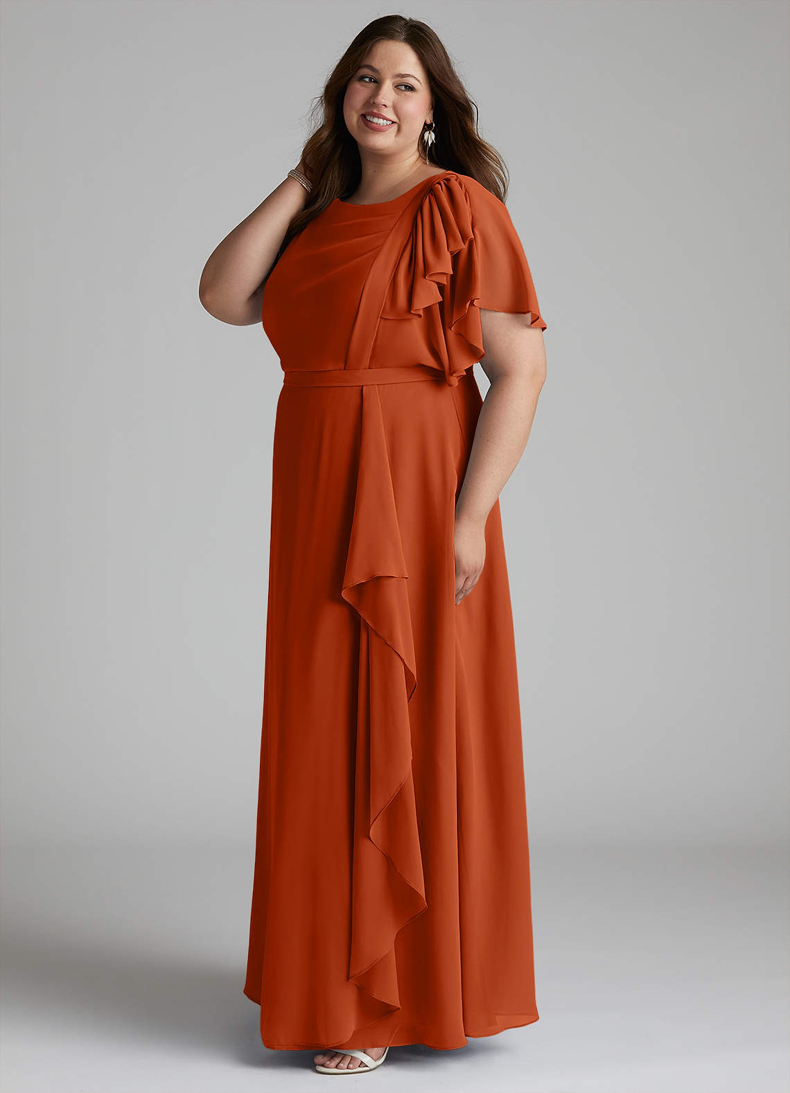 Azazie Aaliyah At-home Try On Dresses A-Line Scoop Pleated Chiffon Floor-Length Dress image6