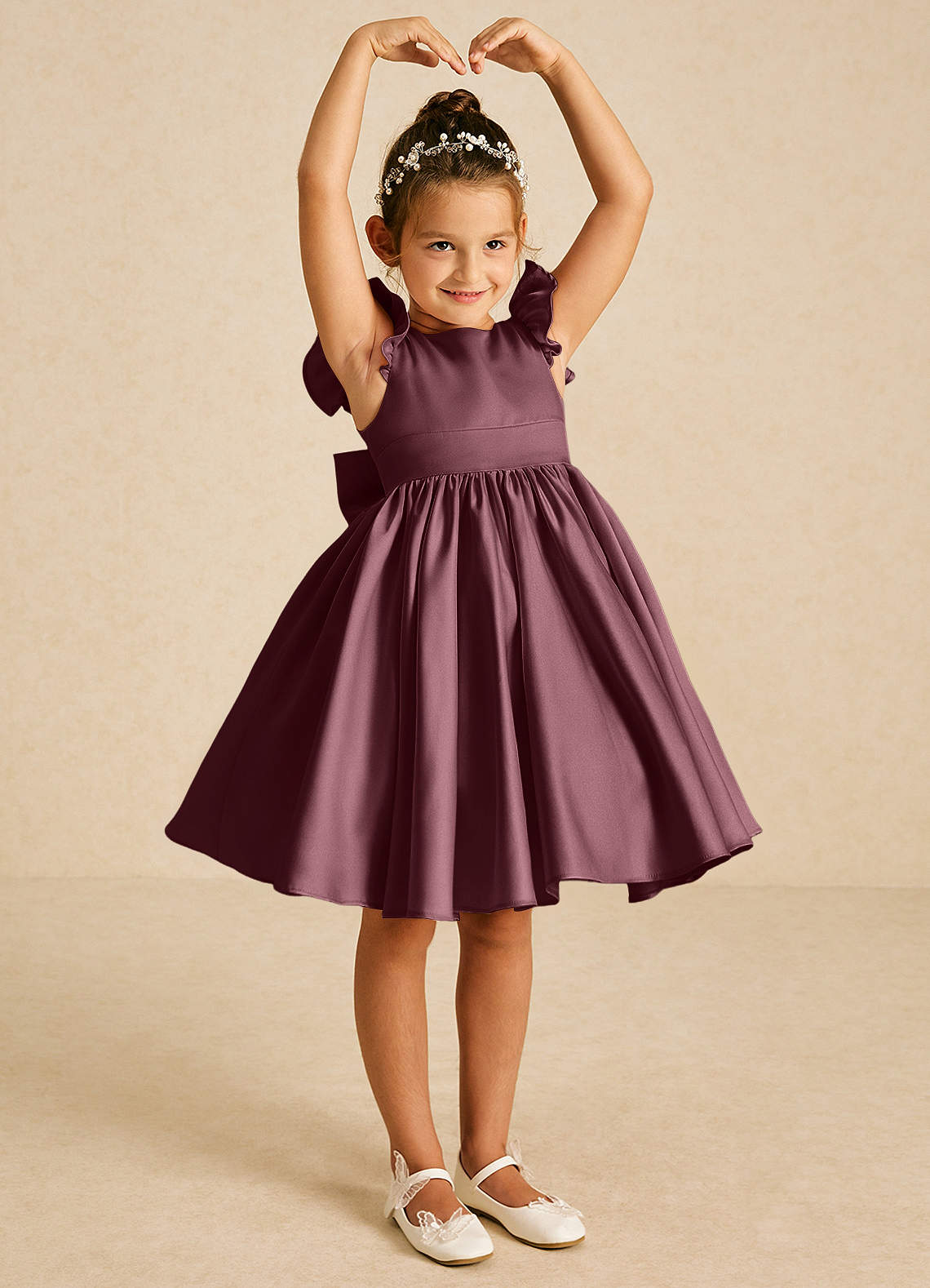 Azazie Tootsie Flower Girl Dresses Sangria A-Line Bow Matte Satin Dress image1