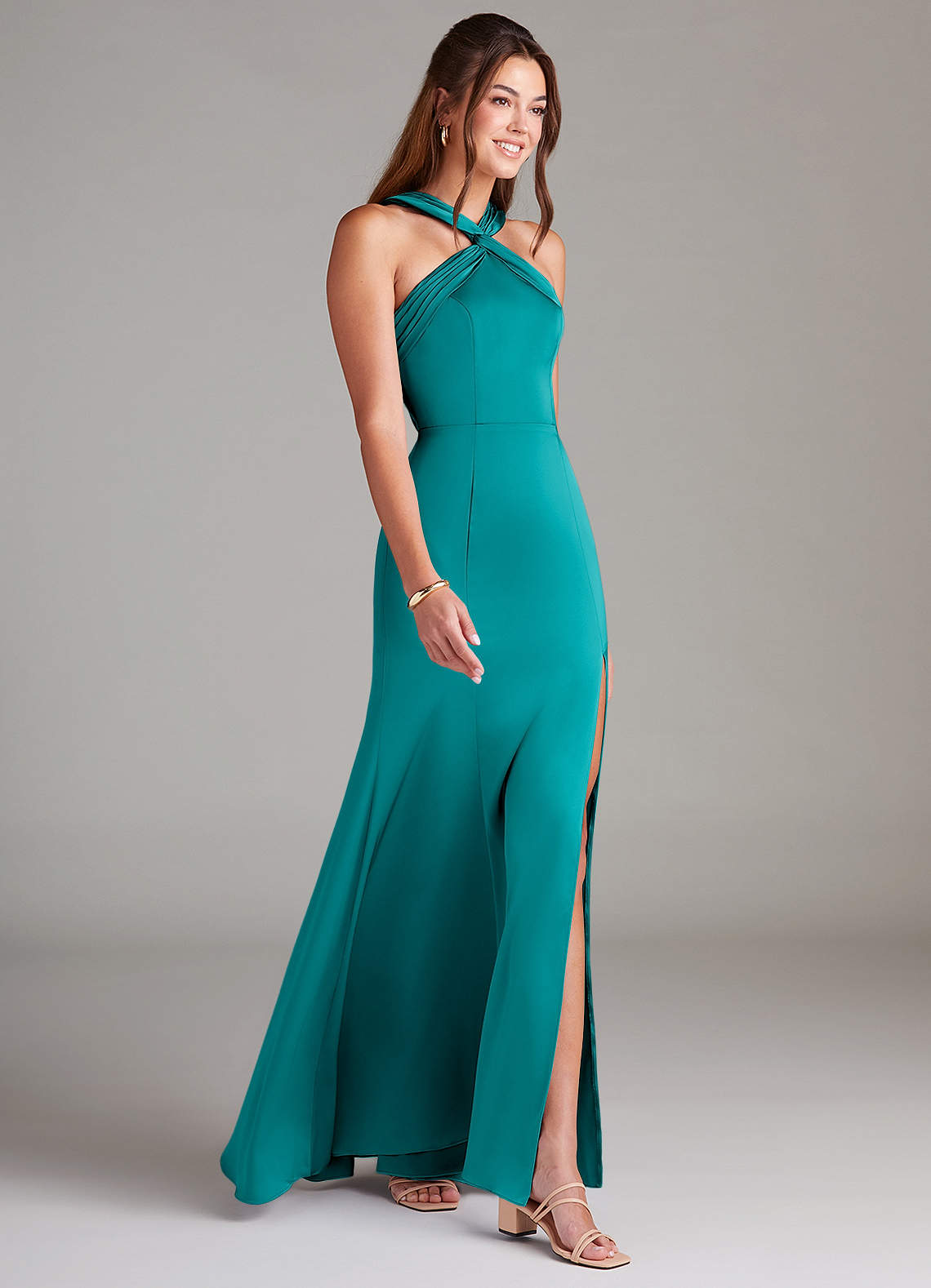 Azazie Rue Bridesmaid Dresses Teal A-Line Pleated Stretch Satin Dress image3