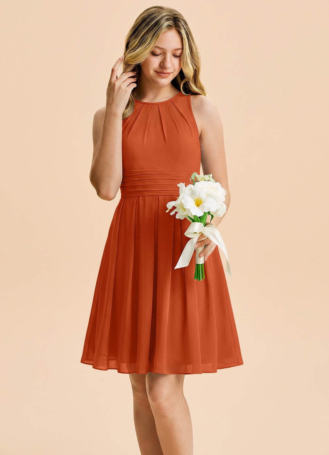 burnt orange knee length dress Azazie A-Line/Princess Scoop Neck Mini Chiffon Junior Bridesmaid Dresses