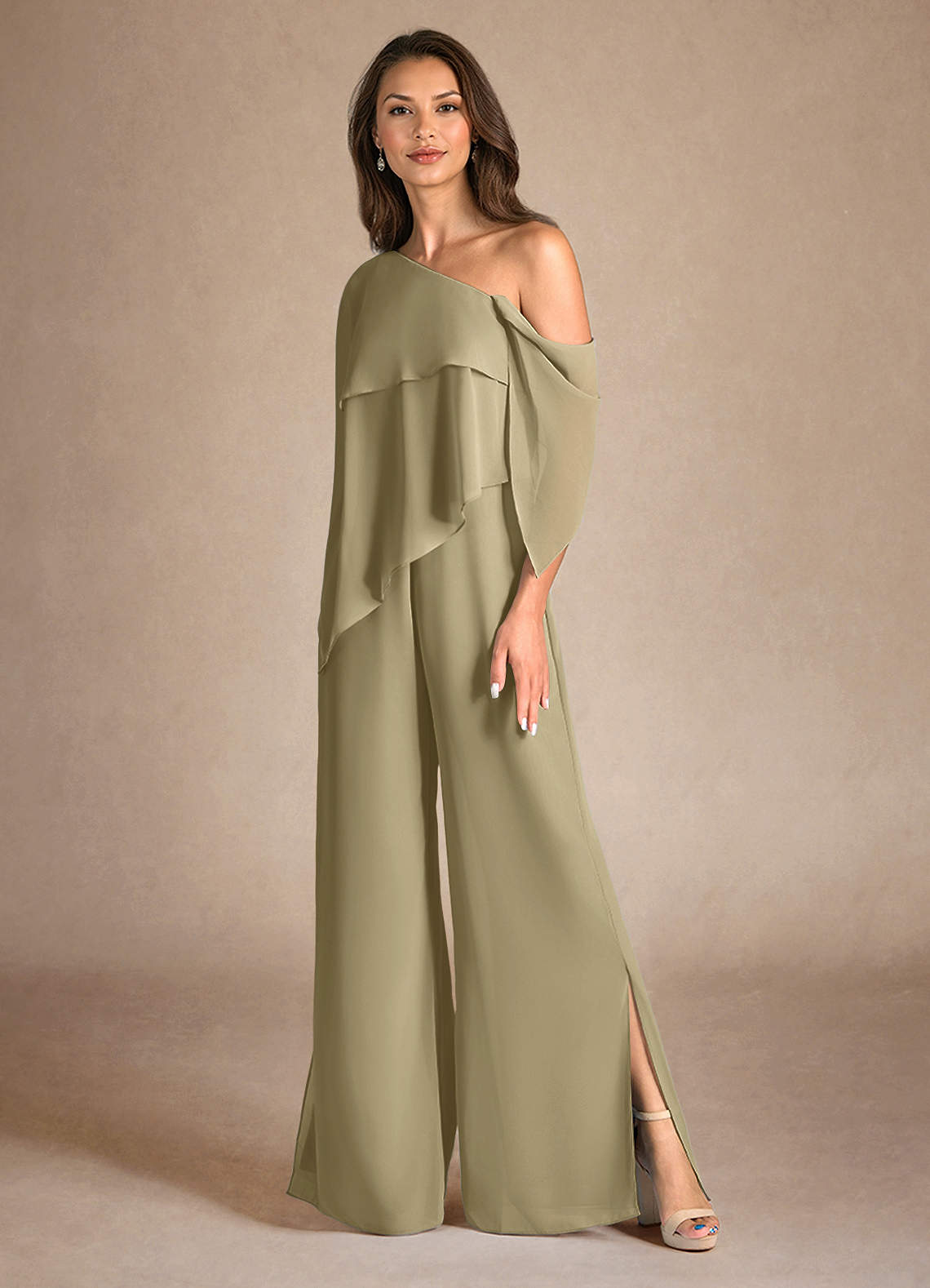 Azazie Halima vestidos de madre de la novia Vestido de Musgo Verde de Gasa de Mono/Traje de pantalón con Corte Lateral image5