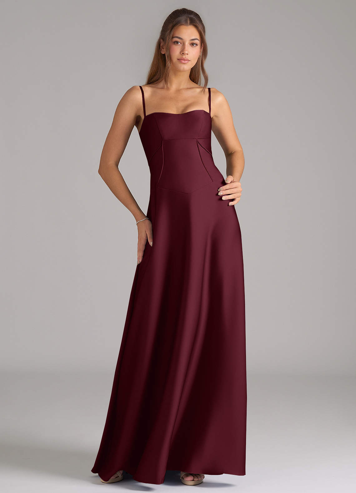 Azazie Valentine Bridesmaid Dresses Cabernet A-Line Corset Stretch Satin Dress image1