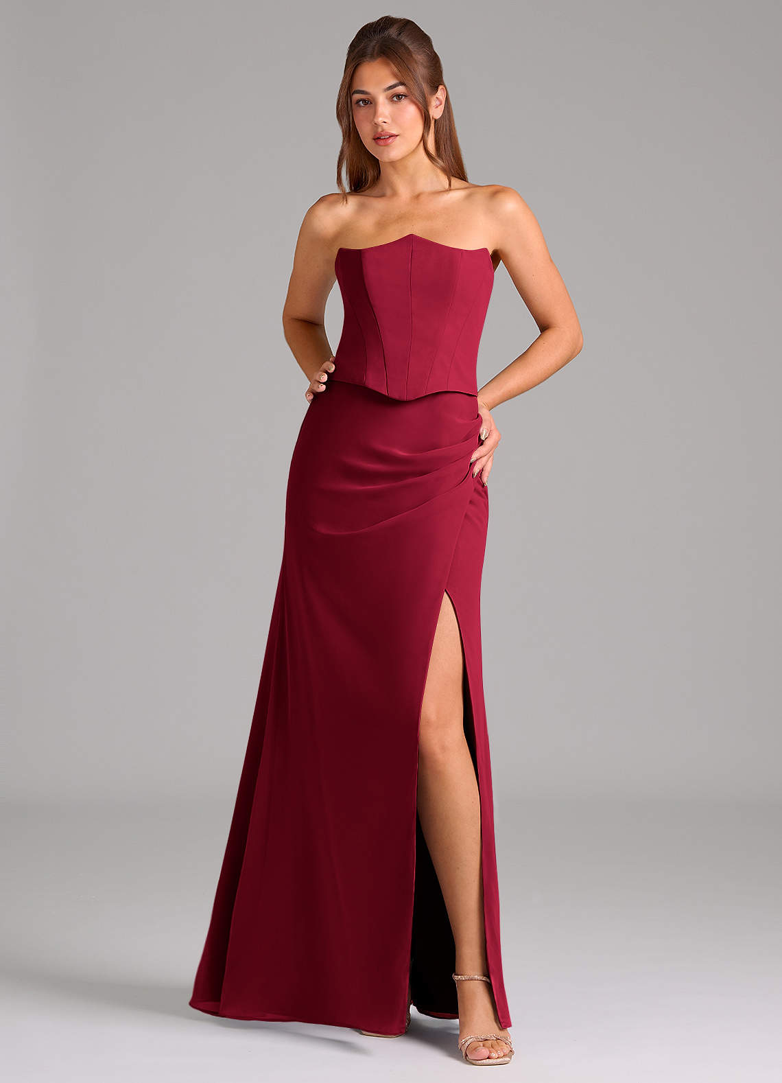 Azazie Jenine Bridesmaid Dresses Burgundy Mermaid Strapless Chiffon Dress image1