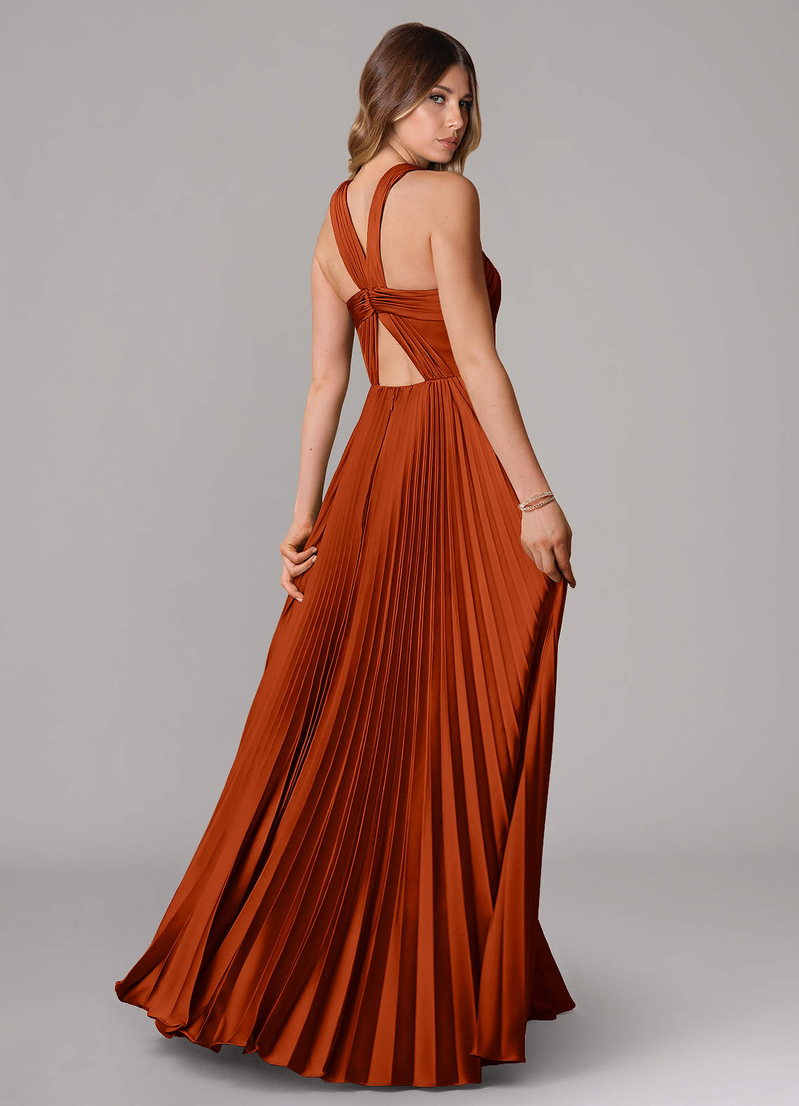 Azazie Afra Abiti da Damigella Abito A-Line in Raso Elasticizzato Plissettato Paprika image1