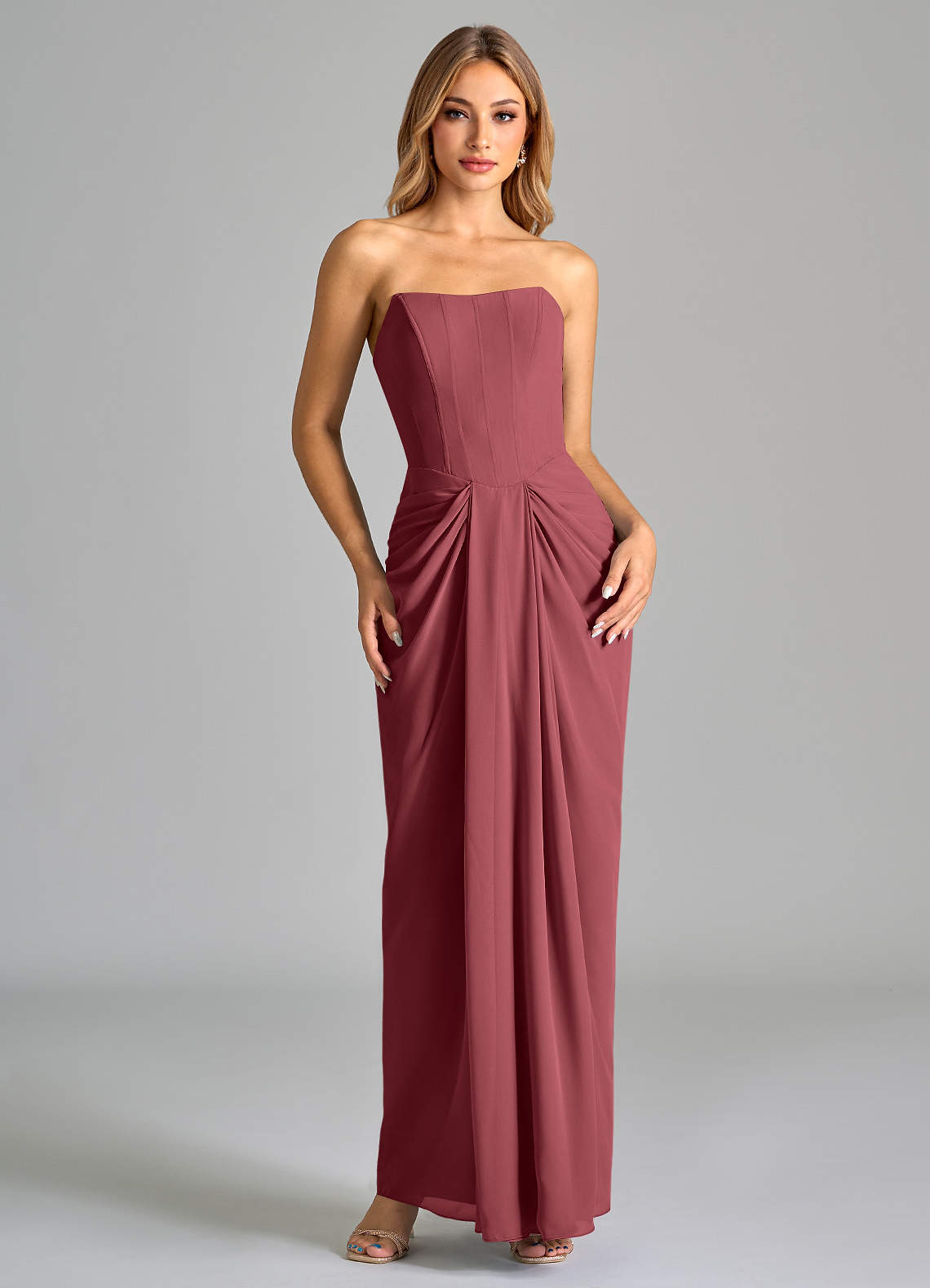 Azazie Anaïs Bridesmaid Dresses Merlot Sheath Strapless Chiffon Dress image1