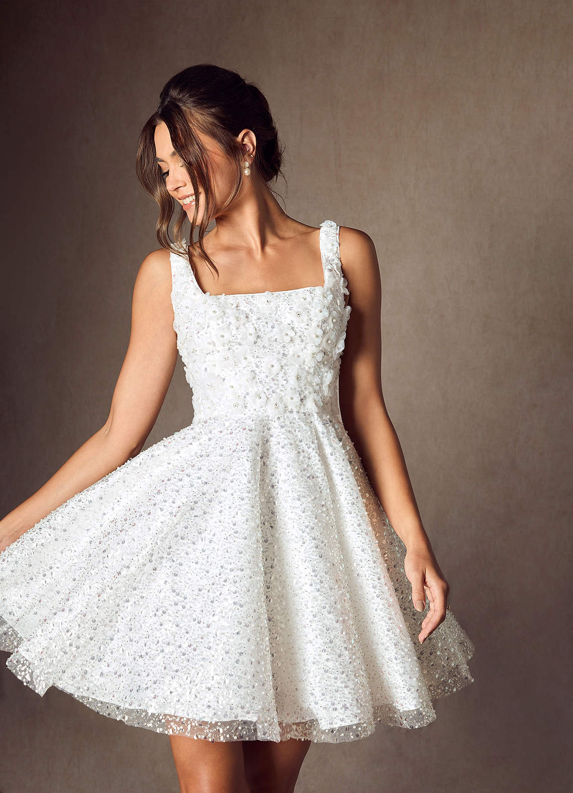 Azazie 2026 A-Line Bachelorette Dresses White Sparkly Wedding Dress Mini Lace Square Neck 3D Florals