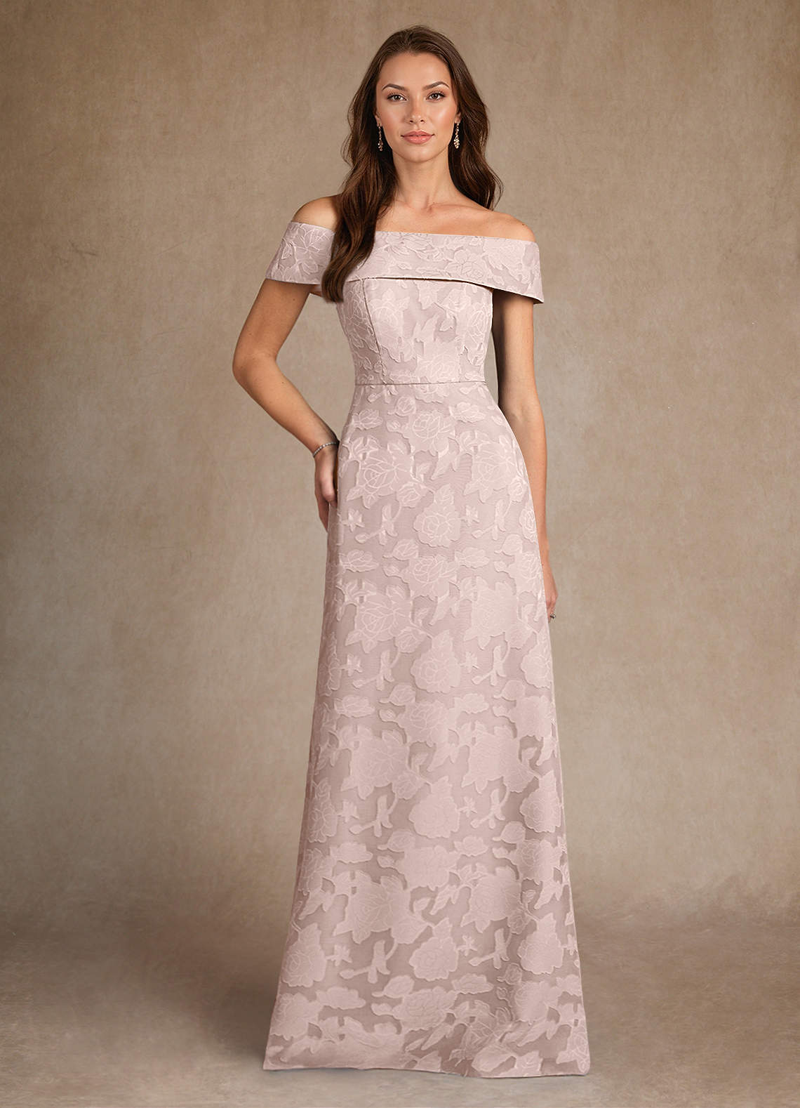 Azazie Medford Mother of the Bride Dresses Blushing Pink A-Line Off the Shoulder Floral Burnout Dress image1