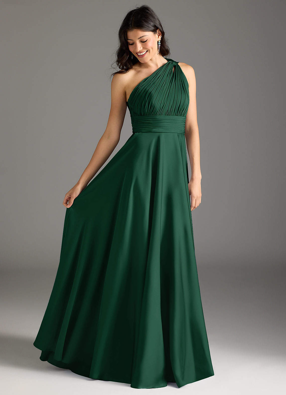 Azazie Charlize Bridesmaid Dresses Dark Green A-Line One Shoulder Stretch Satin Dress image1
