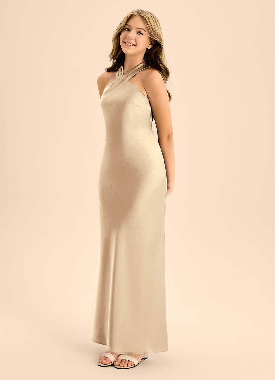 Azazie Doretta Junior Champagne A-Line Pleated Stretch Satin Dress image2