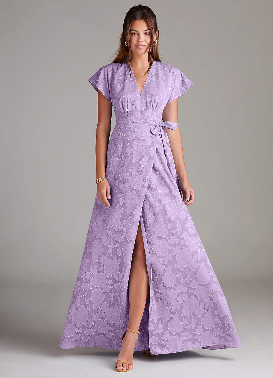 Azazie Ling Vestidos de damas de honor Vestido de Lila de Devorado Floral de Corte en A con Plisado image1