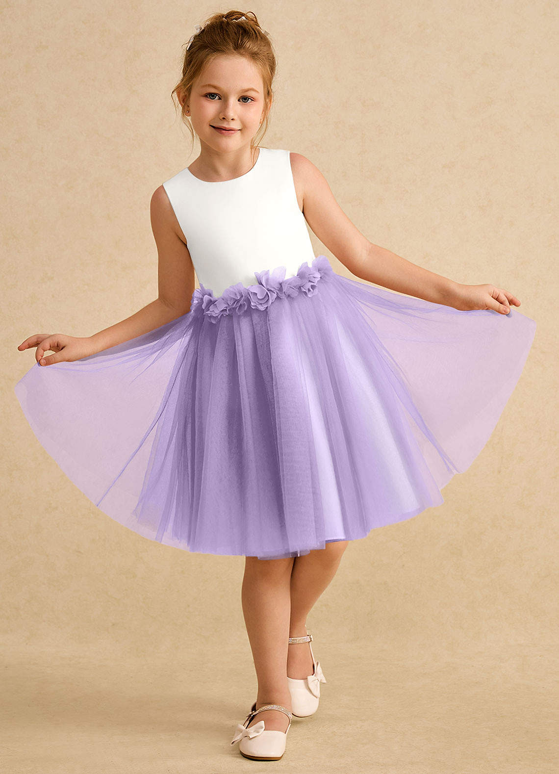 Azazie Louisa vestidos de niña de las flores Vestido de Marfil Lila de Tul de Corte en A con Sin mangas image3