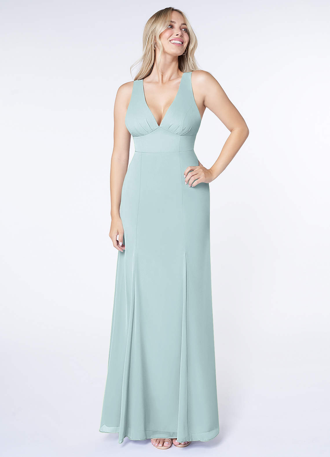 Azazie Christiana Bridesmaid Dresses Mist A-Line V-Neck Pleated Chiffon Dress image1
