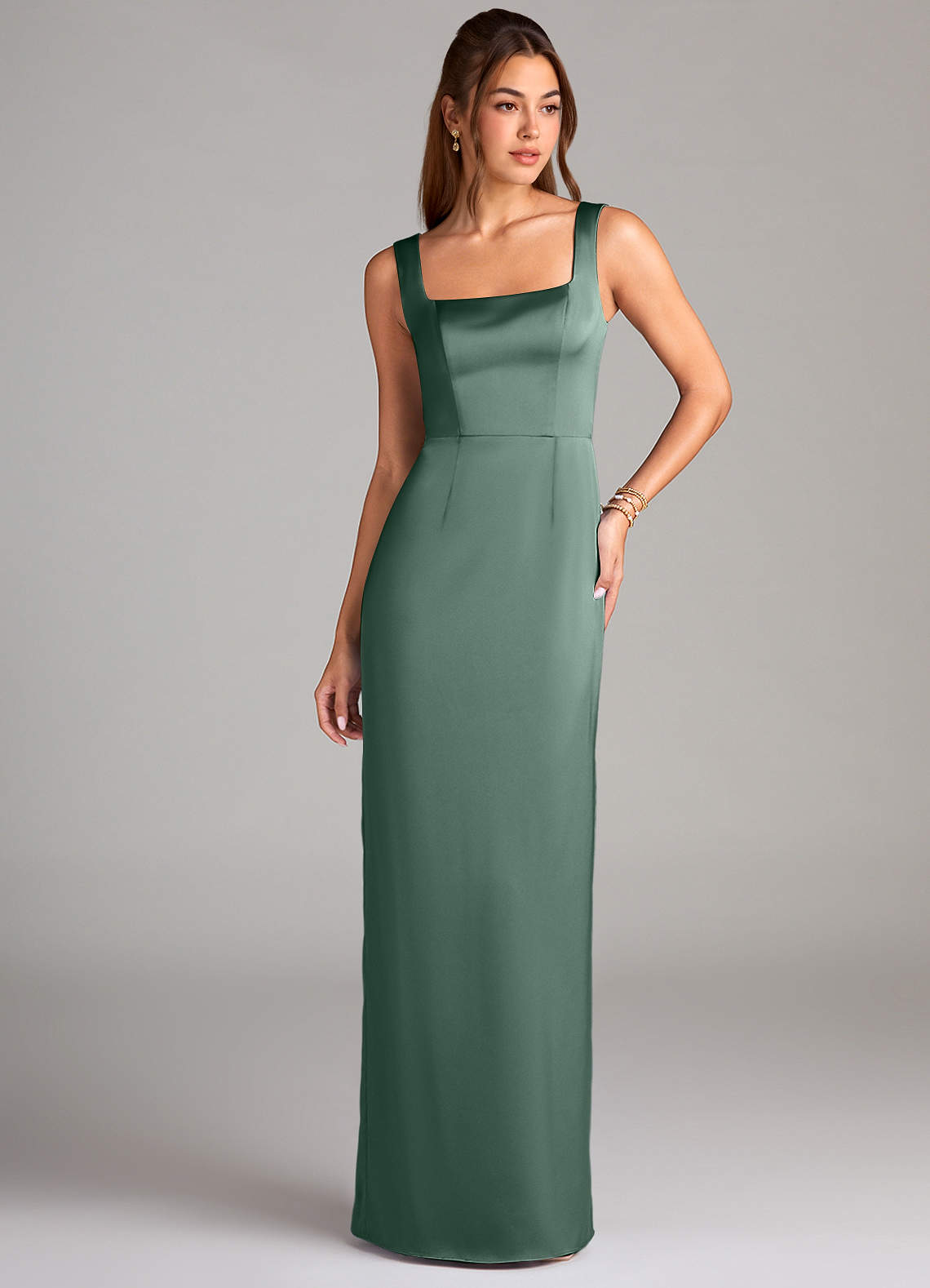 Azazie Flori Bridesmaid Dresses Eucalyptus Sheath Side Slit Stretch Satin Dress image1