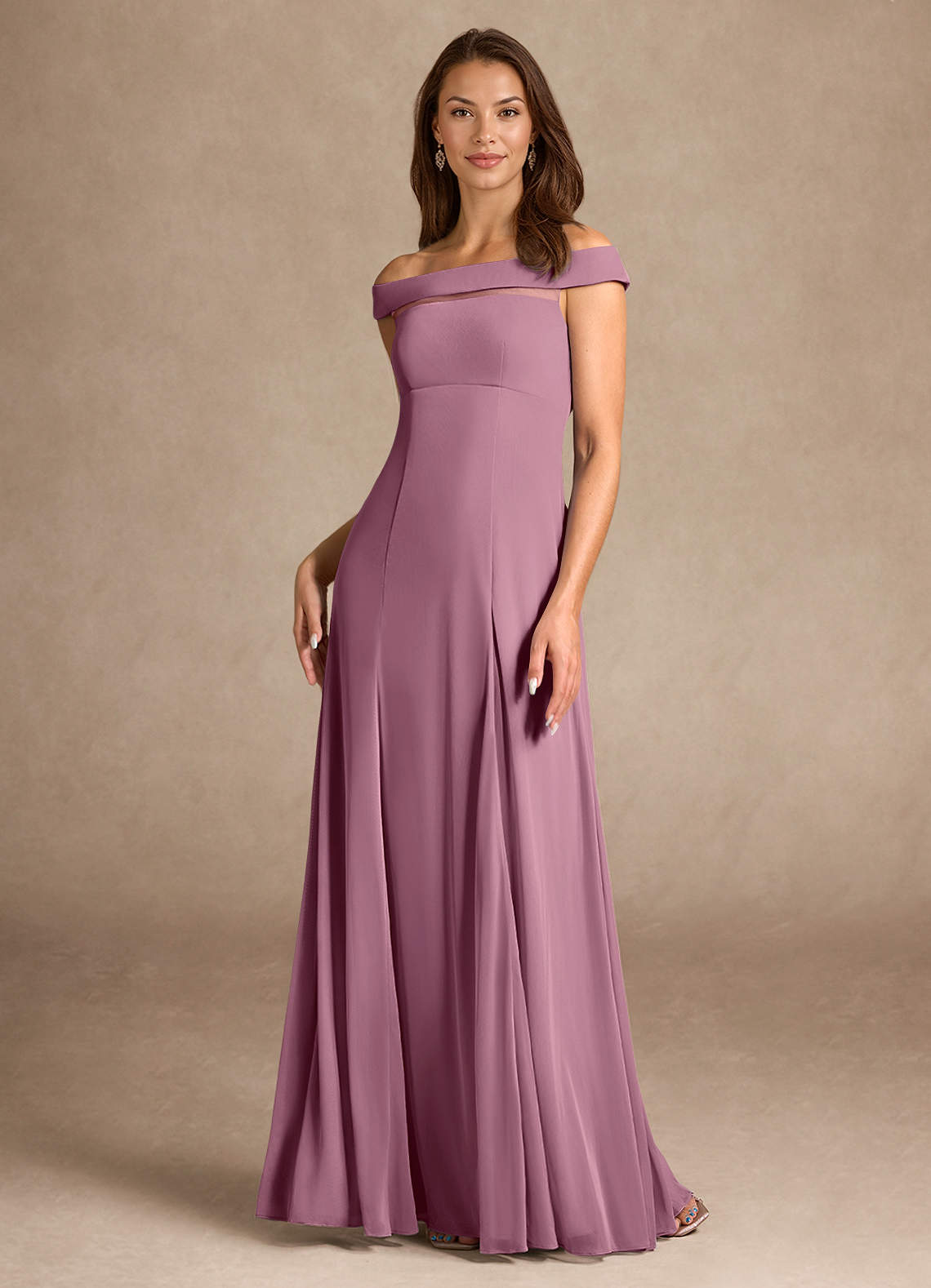 Azazie Ewa Mother of the Bride Dresses Vintage Mauve A-Line Off the Shoulder Mesh Dress image1
