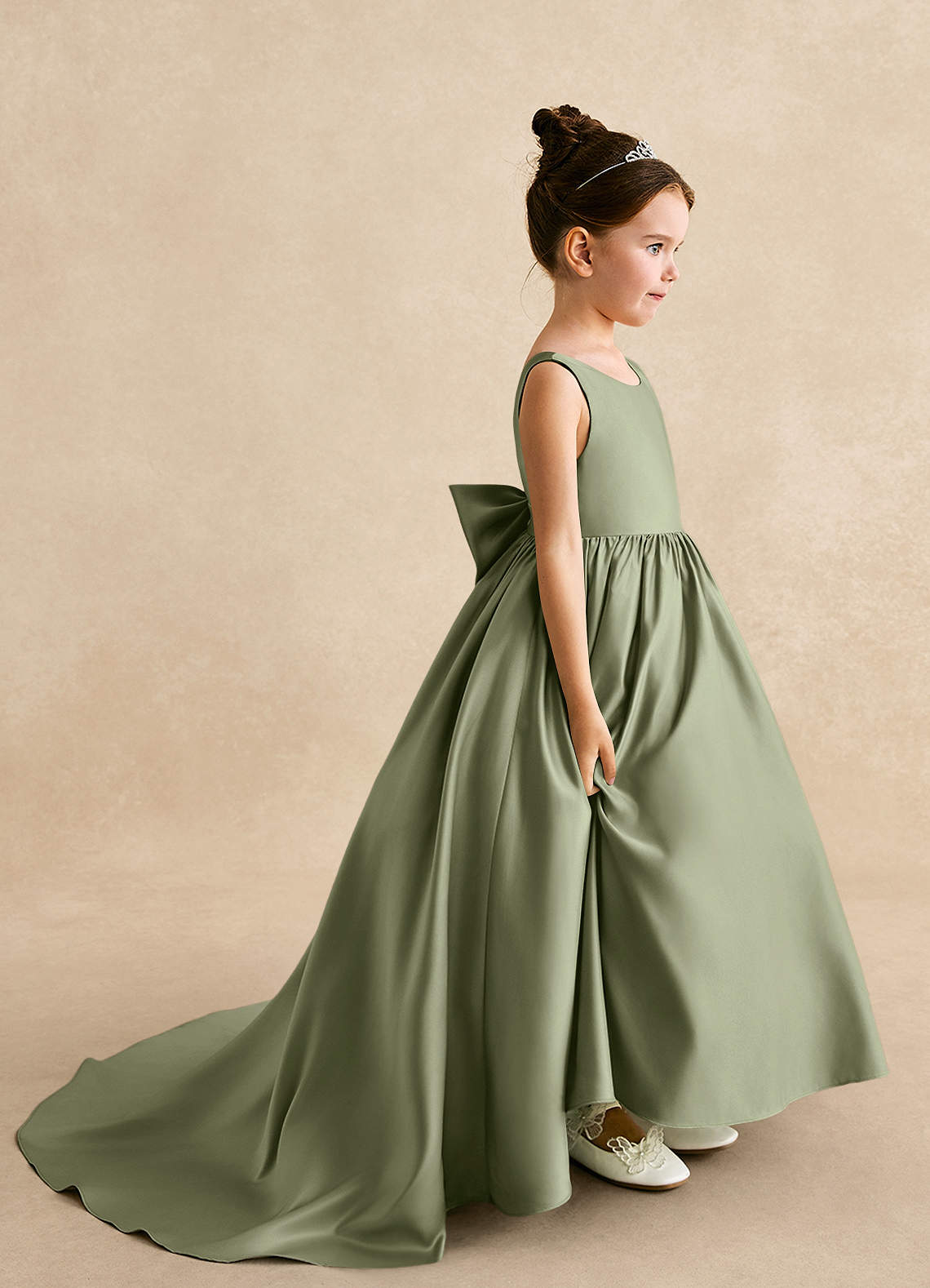 Azazie Mimia Flower Girl Dresses Pistachio A-Line Bow Matte Satin Dress image1