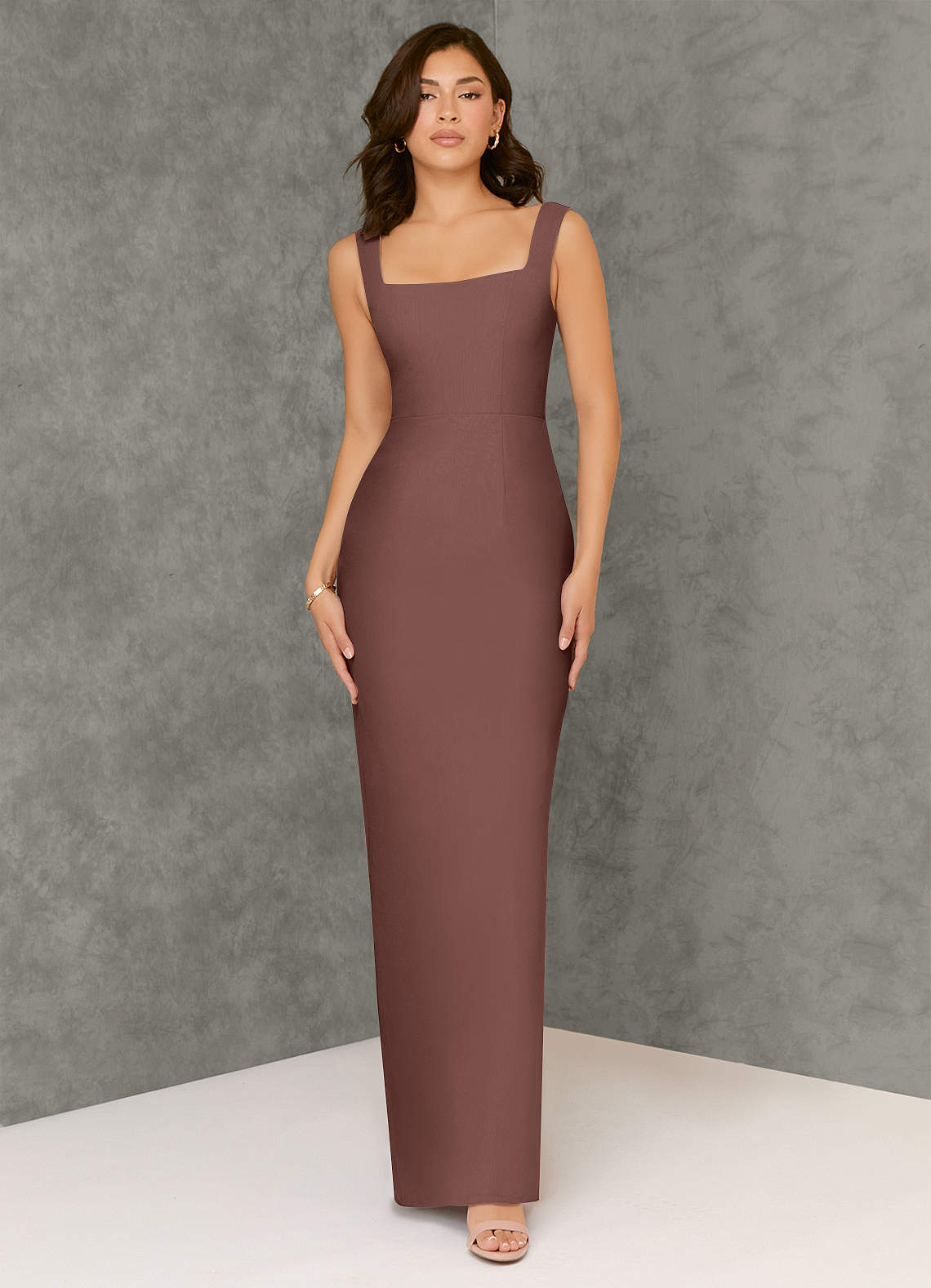 Azazie Flori Bridesmaid Dresses Espresso Sheath Square Neckline Chiffon Dress image1