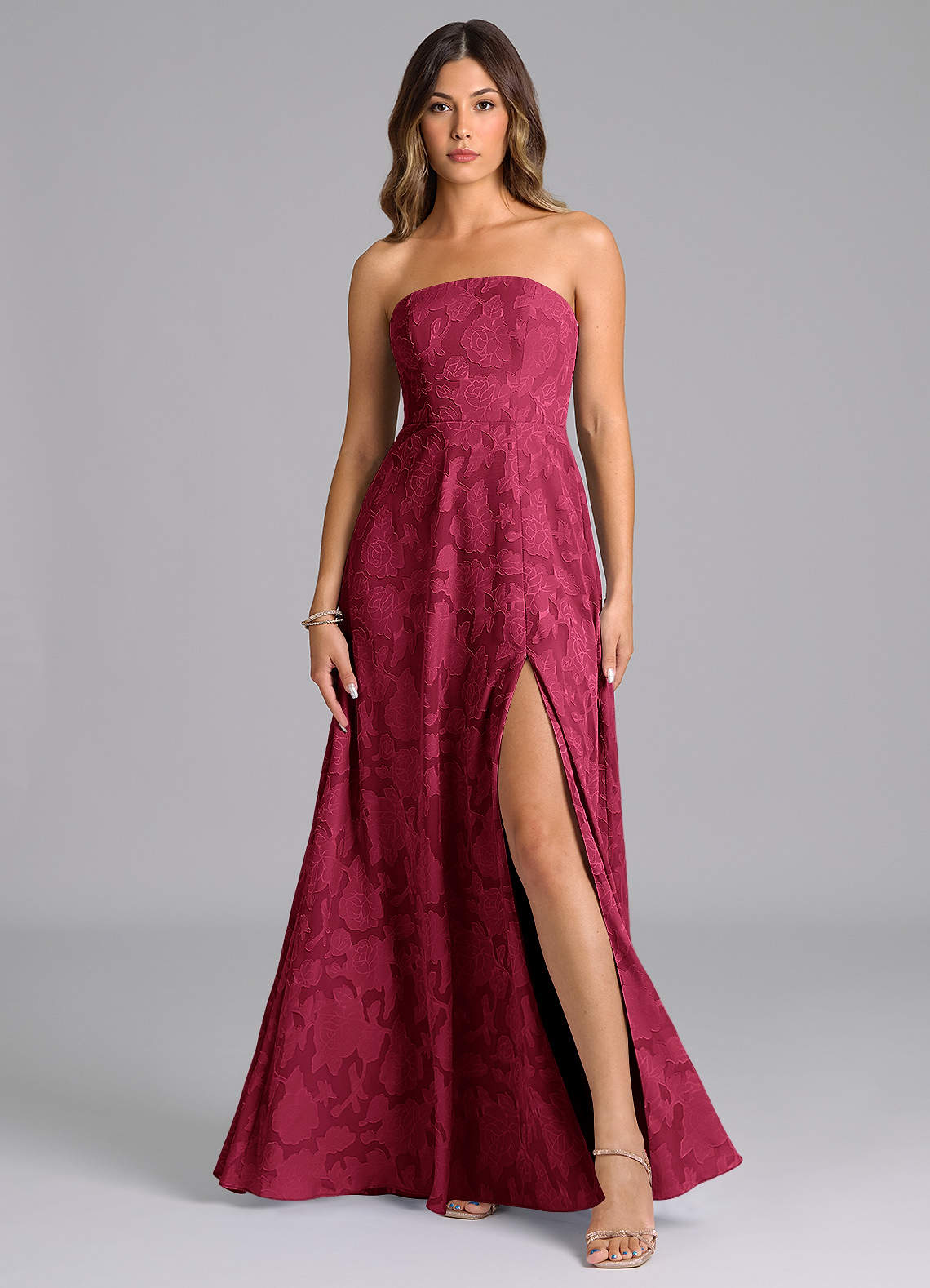 Azazie Wren Bridesmaid Dresses Burgundy A-Line Strapless Floral Burnout Dress image1