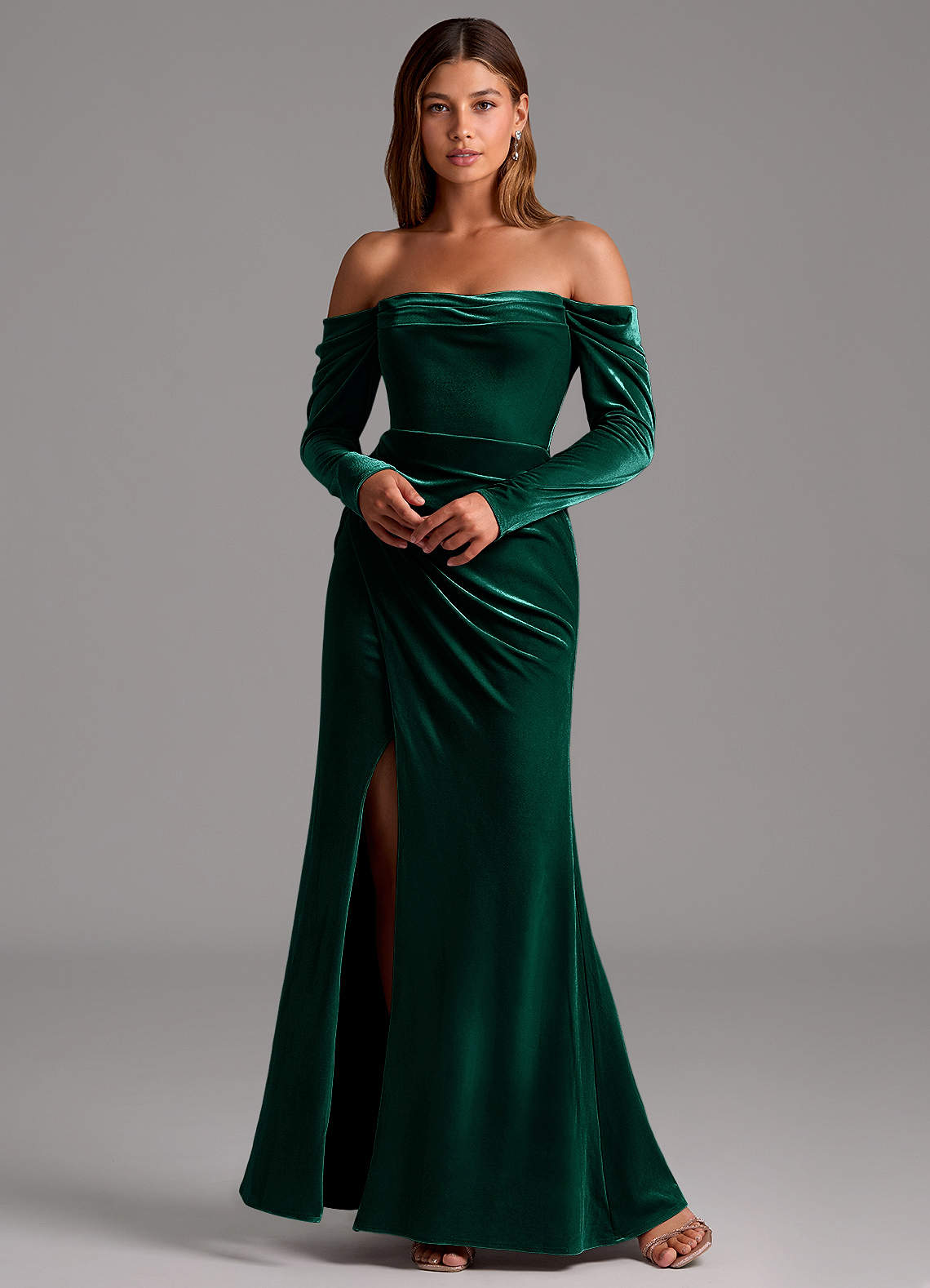 Azazie Hallie Bridesmaid Dresses Emerald Mermaid Long Sleeve Velvet Convertible Dress image2