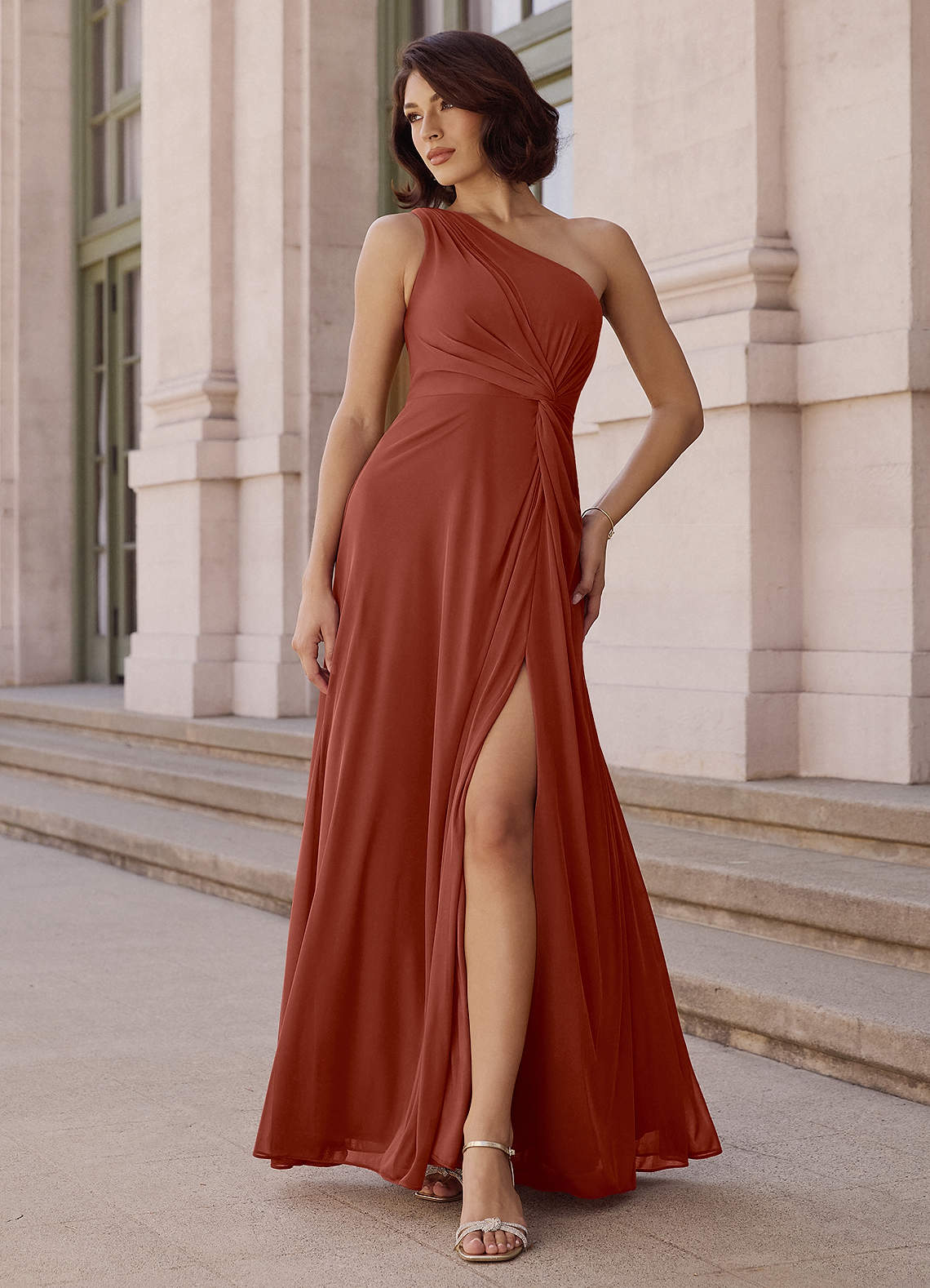 Azazie Brooke Bridesmaid Dresses Auburn A-Line One Shoulder Chiffon Dress image1