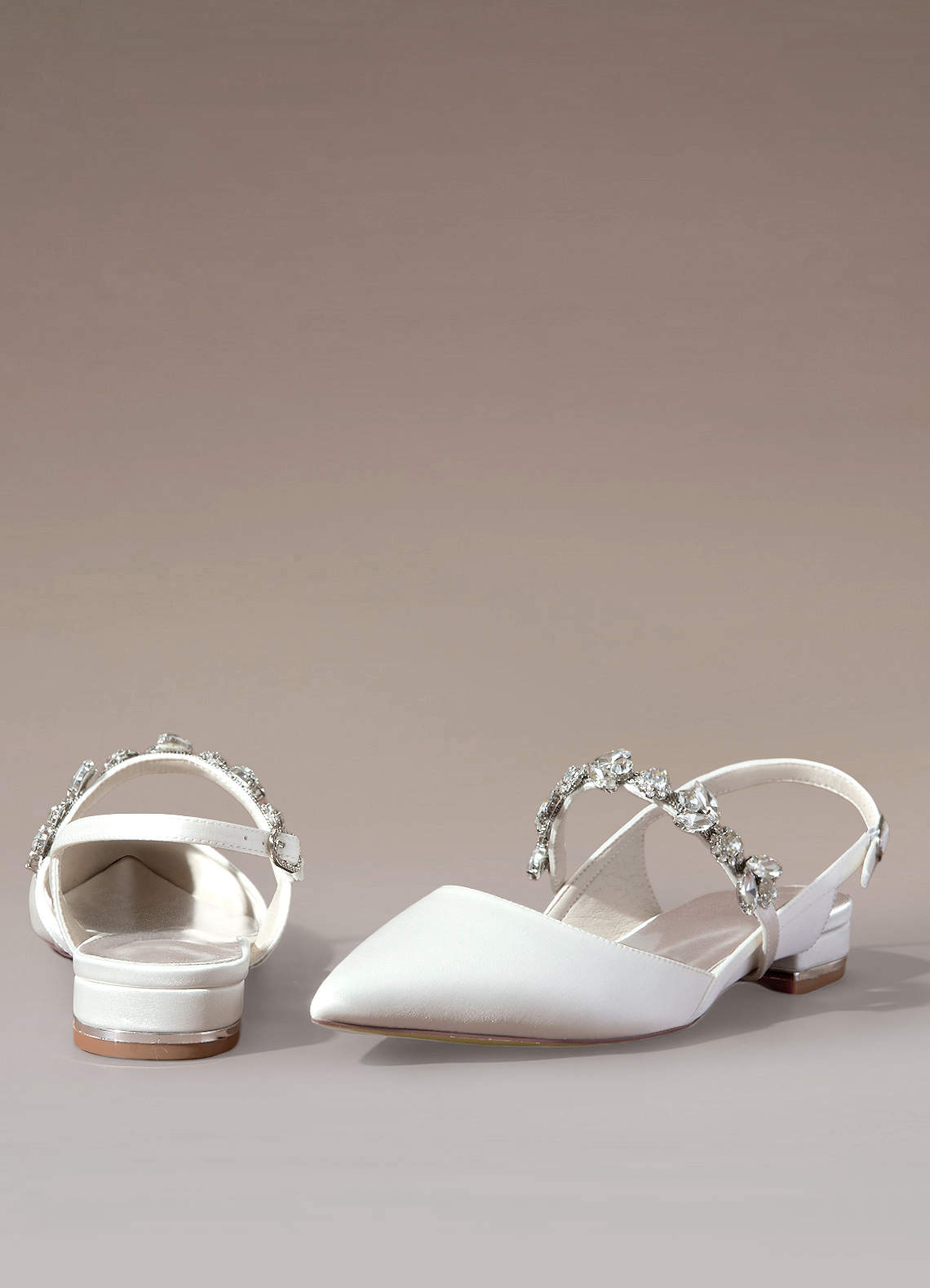 Ivory Crystal Strap Pointed Toe Satin Low Heels