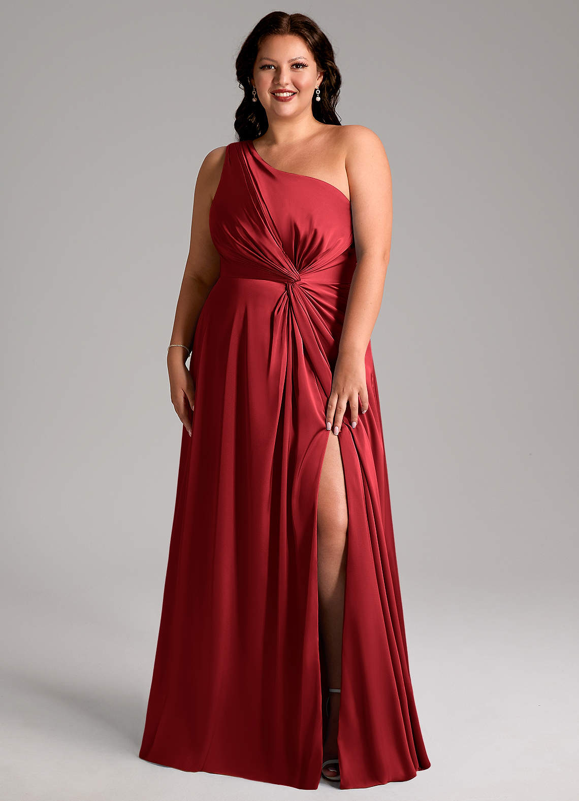 Azazie Brooke Bridesmaid Dresses Scarlet A-Line One Shoulder Stretch Satin Dress image1
