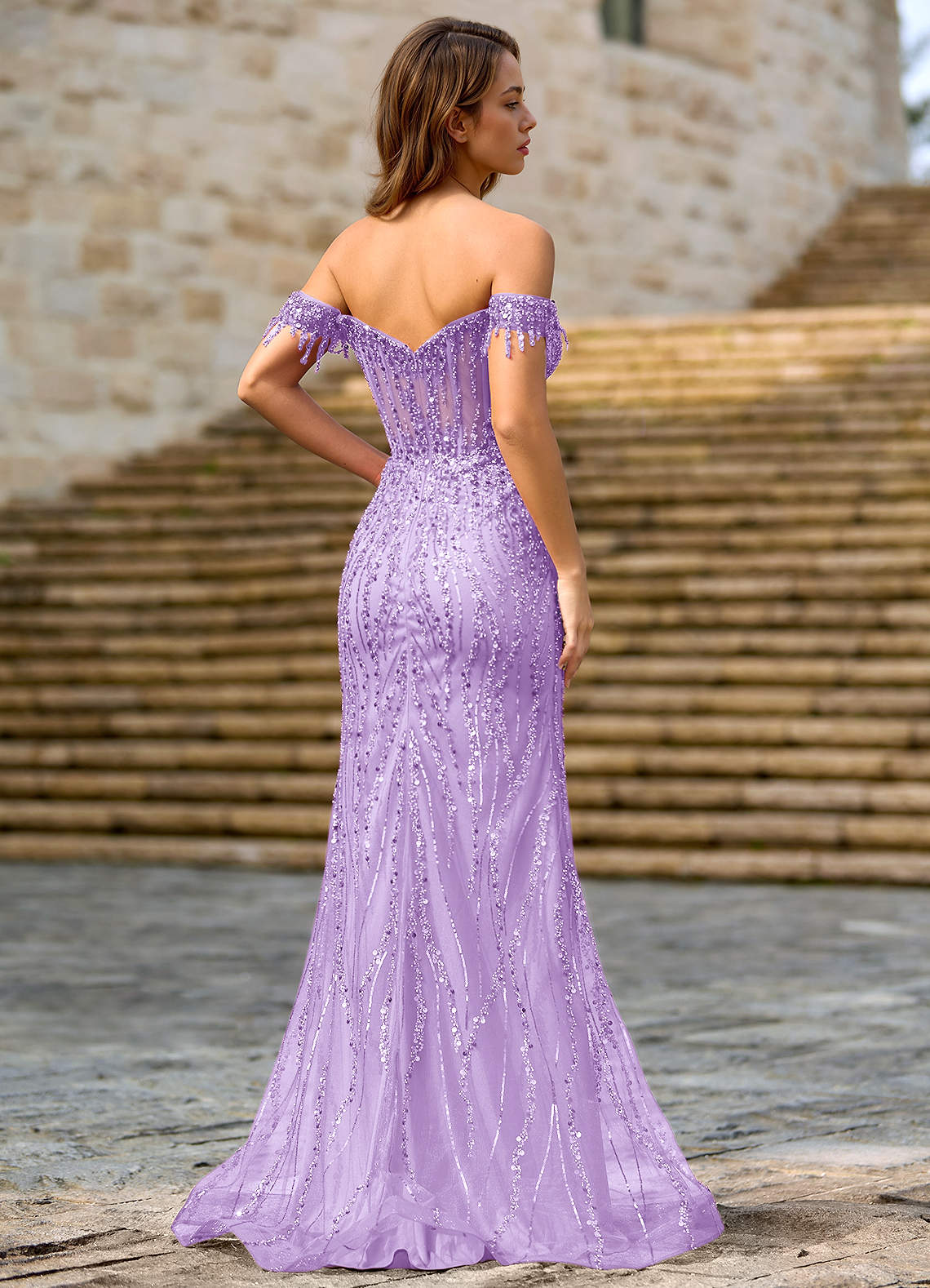 strapless open back dress Lilac Off The Shoulder Sequins Ruffle Tulle Boho Prom Dress