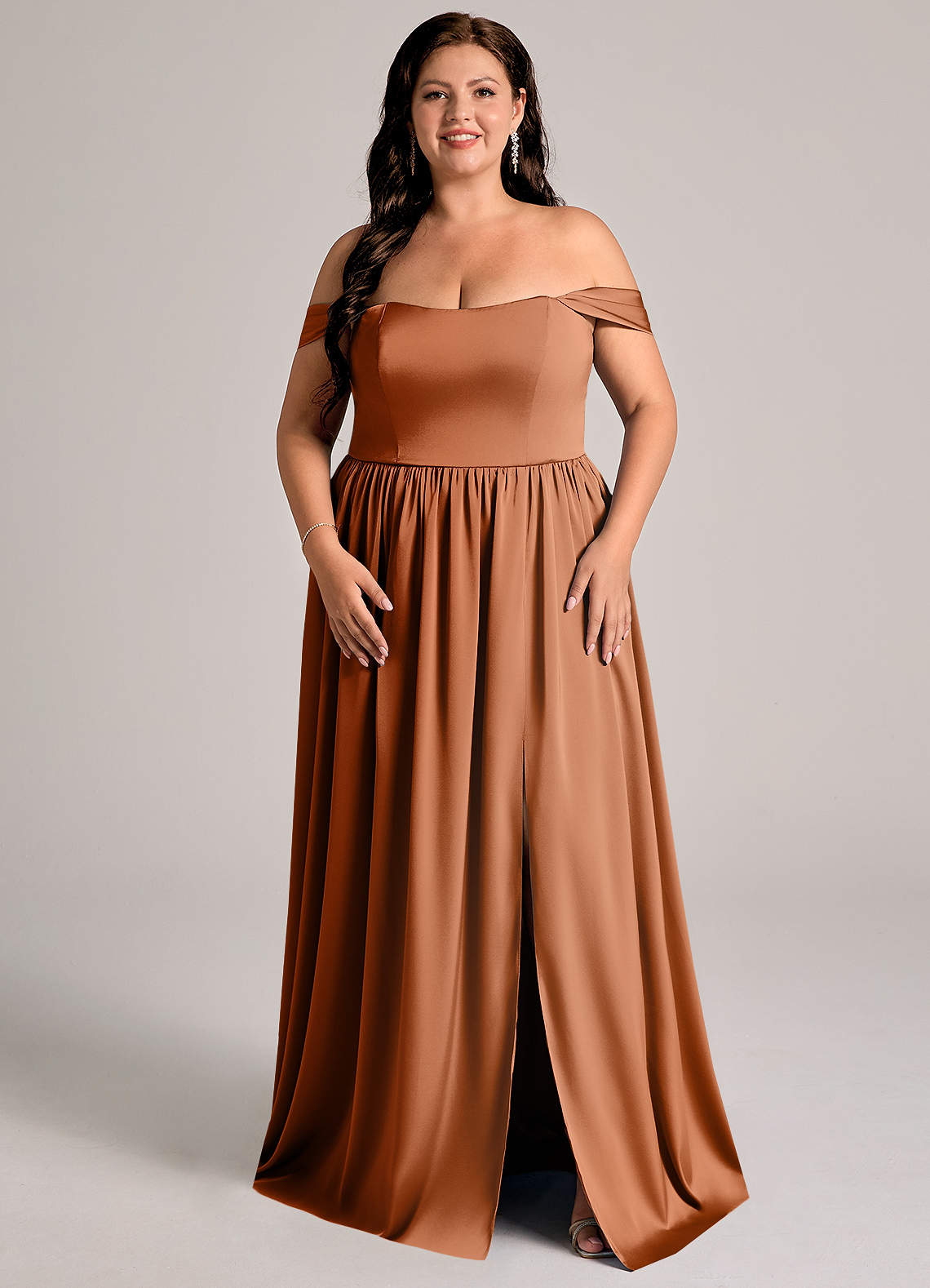 Azazie Calianna Bridesmaid Dresses Copper A-Line Off the Shoulder Stretch Satin Convertible Dress image1