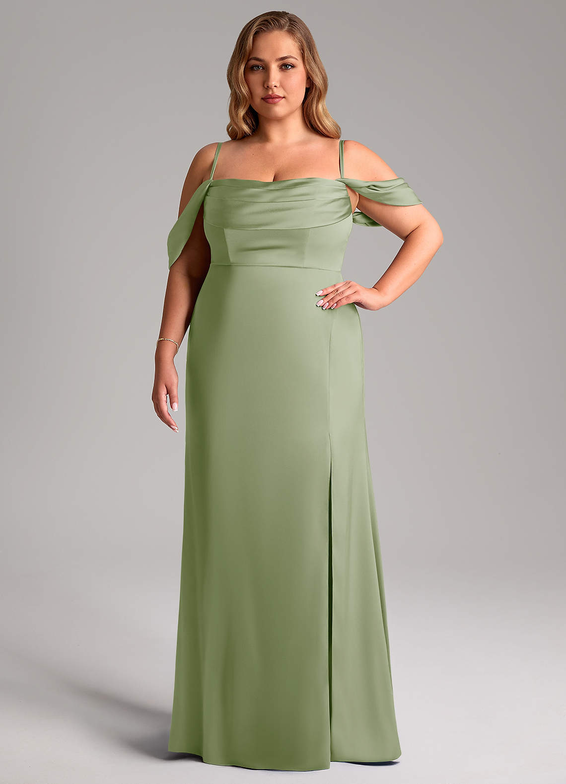 Azazie Saige Bridesmaid Dresses Dusty Sage Sheath Off the Shoulder Stretch Satin Dress image14