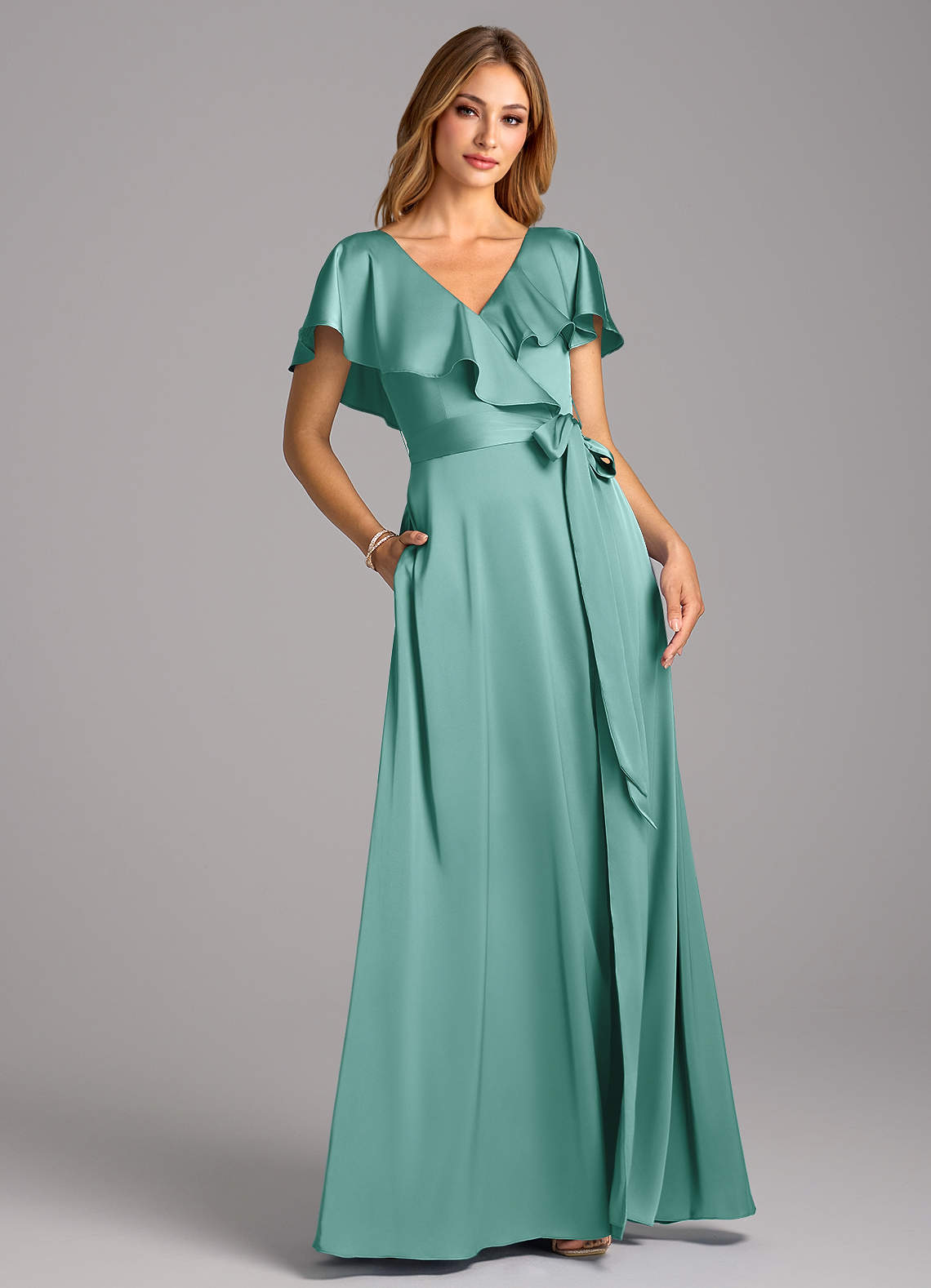Azazie Lainey Brautjungfernkleider A-Linie mit Taschen Stretch-Satin Kleid Aqua image1