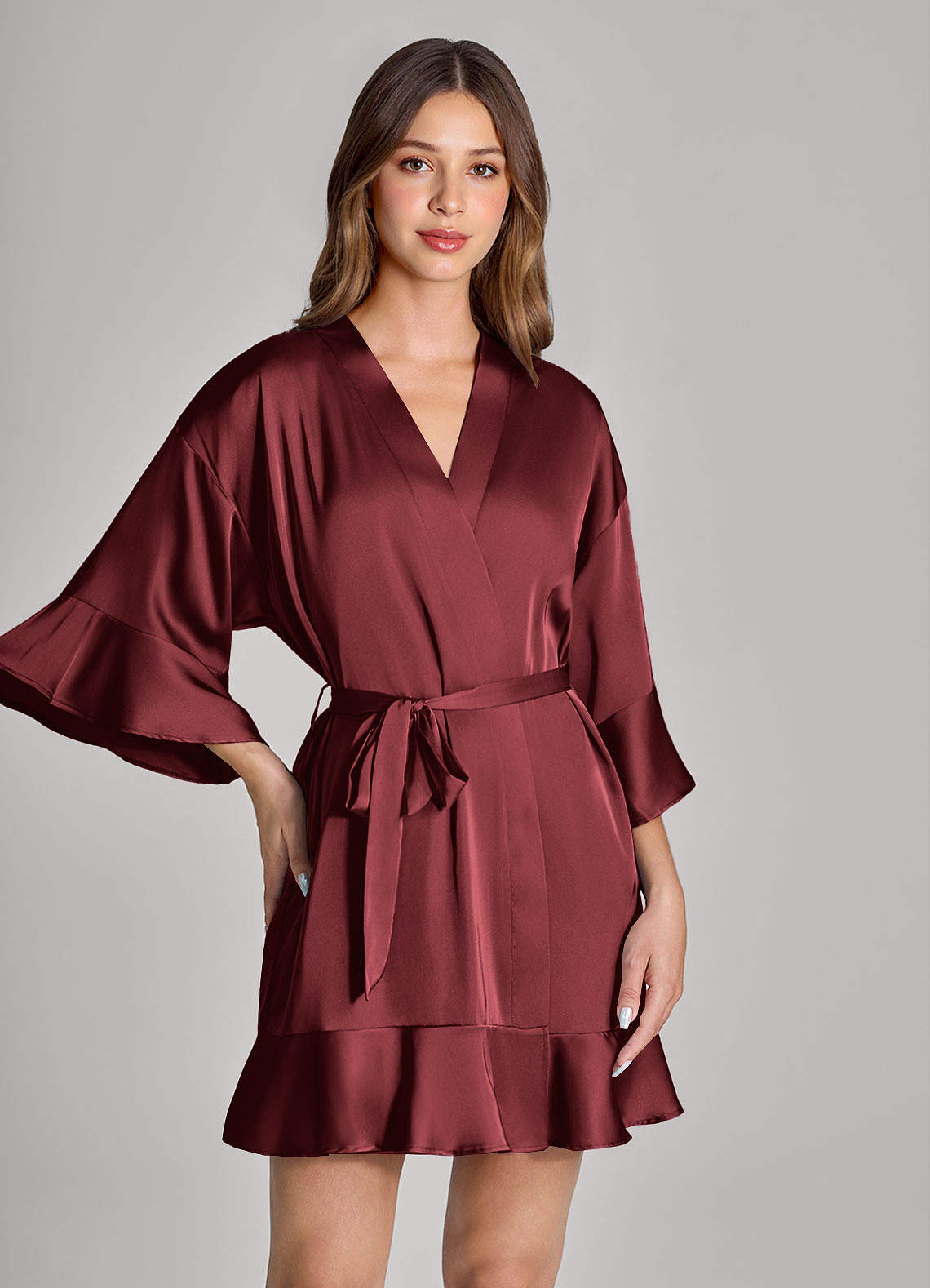 front 2-Piece Ruffle Satin Robe and Slip Set
