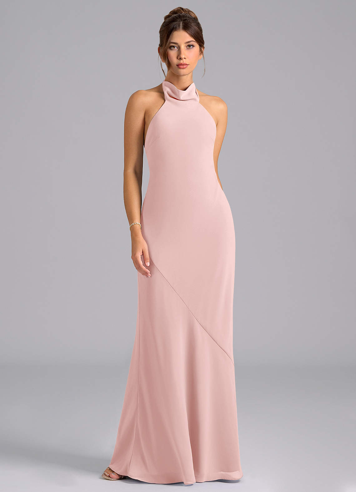 Azazie Velli Bridesmaid Dresses Powder Pink Mermaid High Neck Chiffon Dress image5