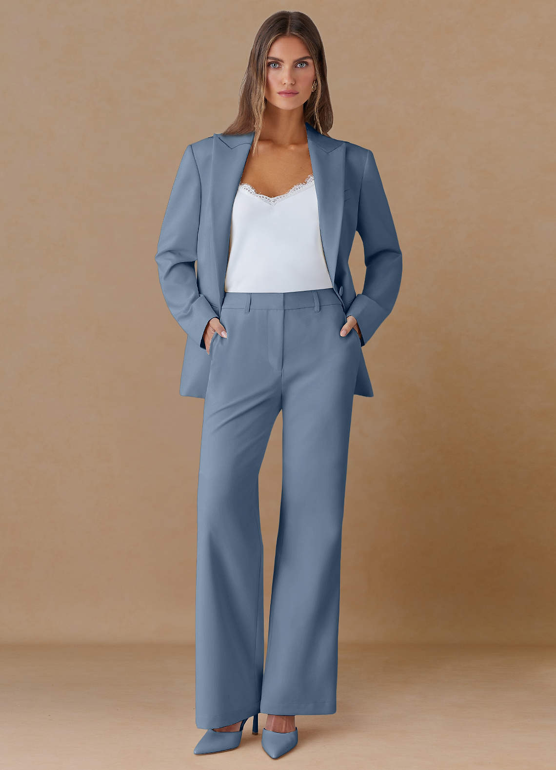 front Marina Bleu Poussiéreux Pantalon droit en tissu raffiné