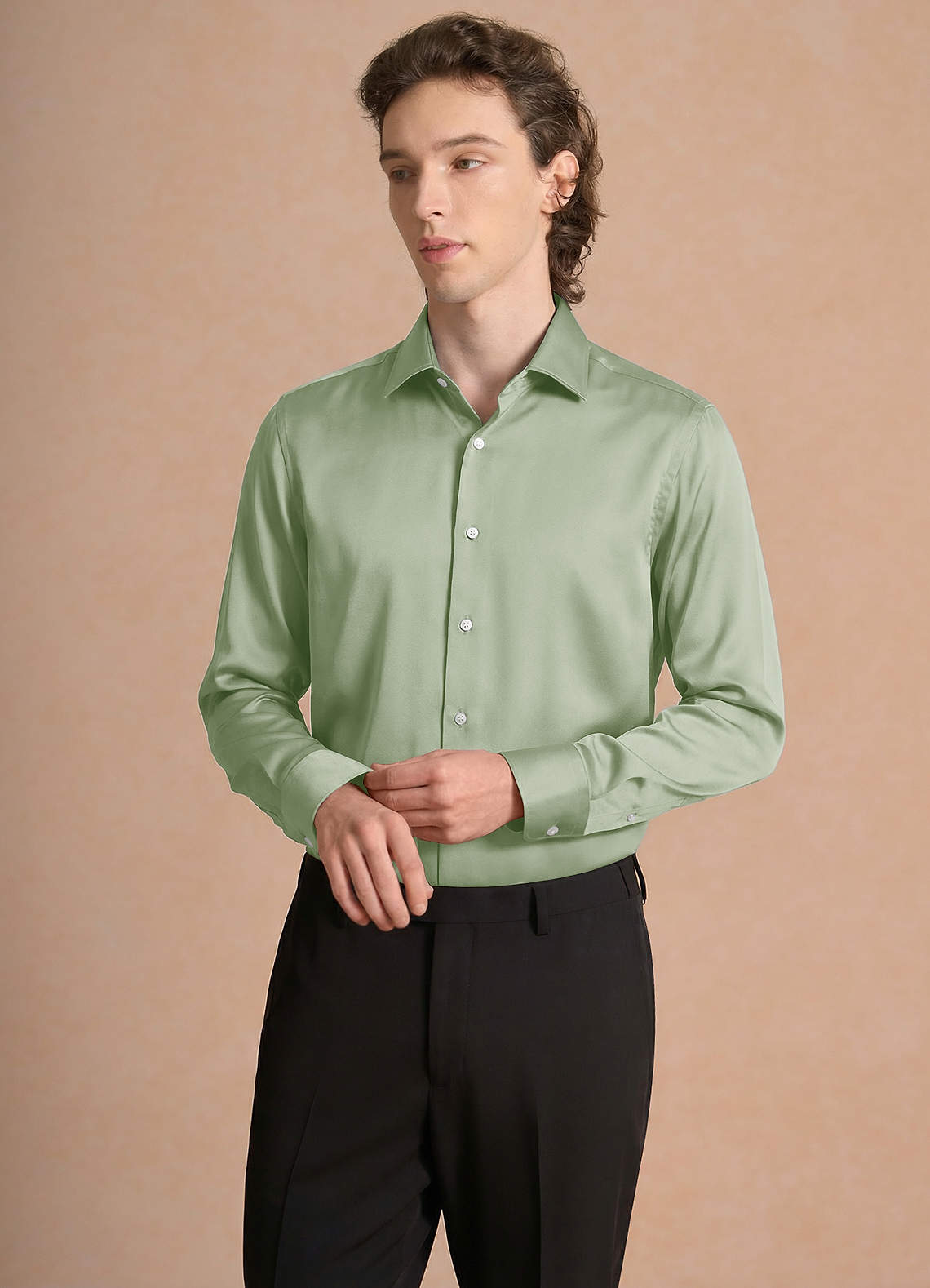front Julian Dusty Sage Stretch Satin Dress Shirt