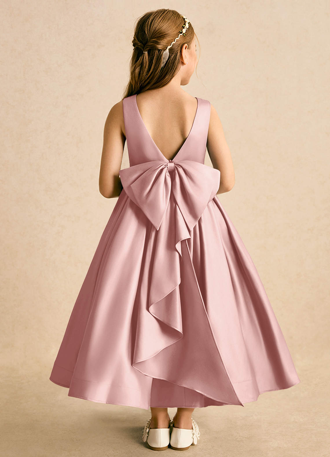Azazie Cailee Flower Girl Dresses Rose Gold Ball-Gown Pleated Matte Satin Dress image1