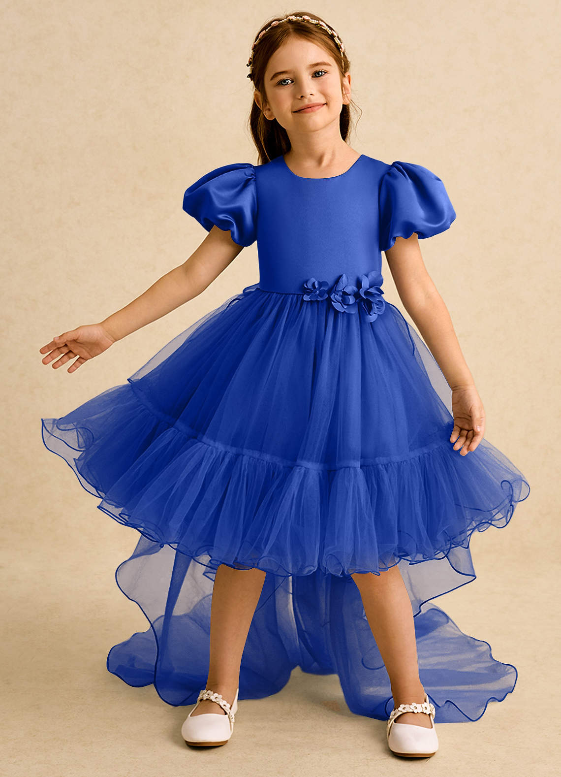 Azazie Cocoa Flower Girl Dresses Royal Blue Ball-Gown Pleated Tulle Dress image1