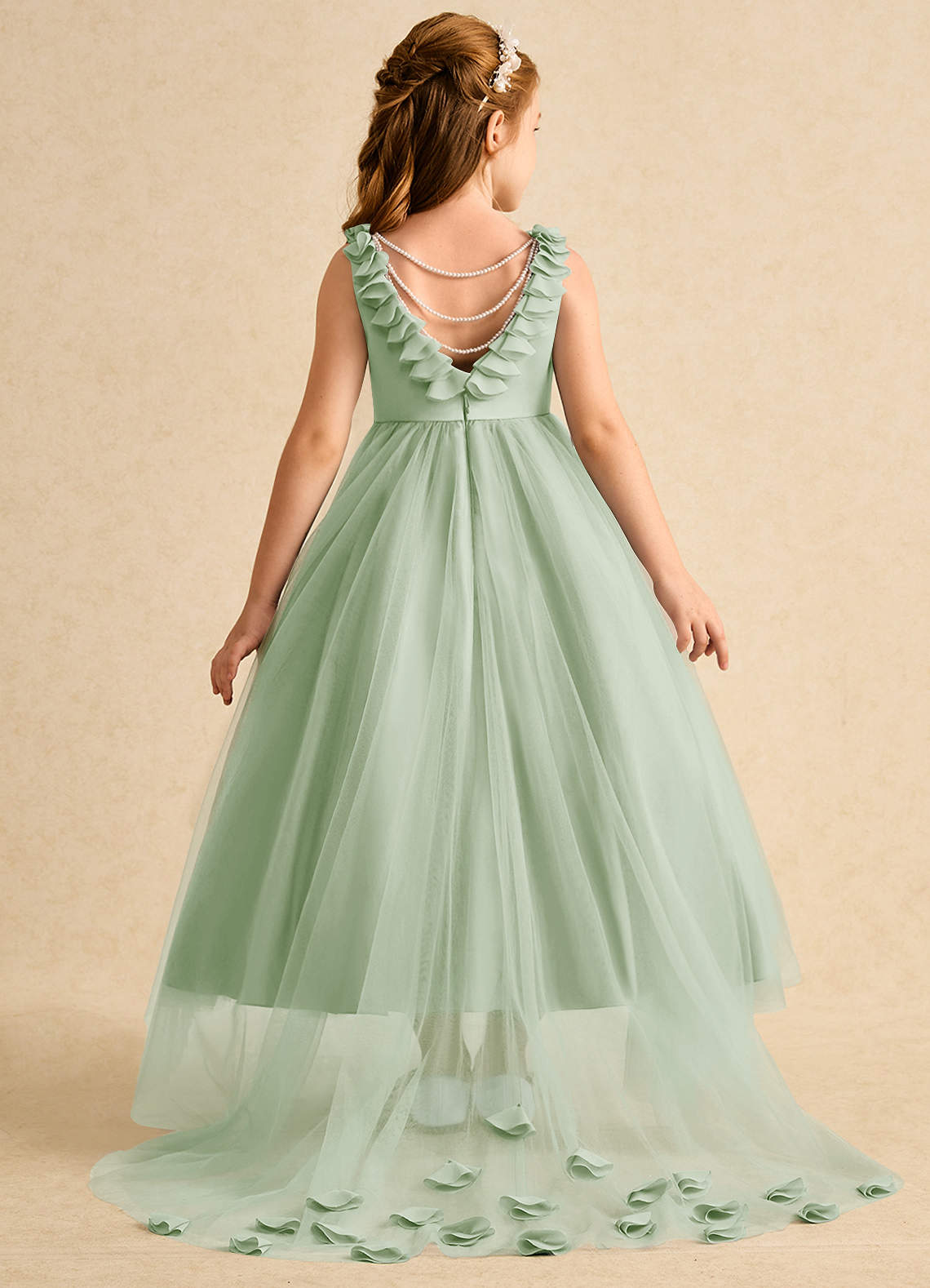Azazie Lorita Flower Girl Dresses Dusty Sage A-Line Beaded Tulle Dress image1