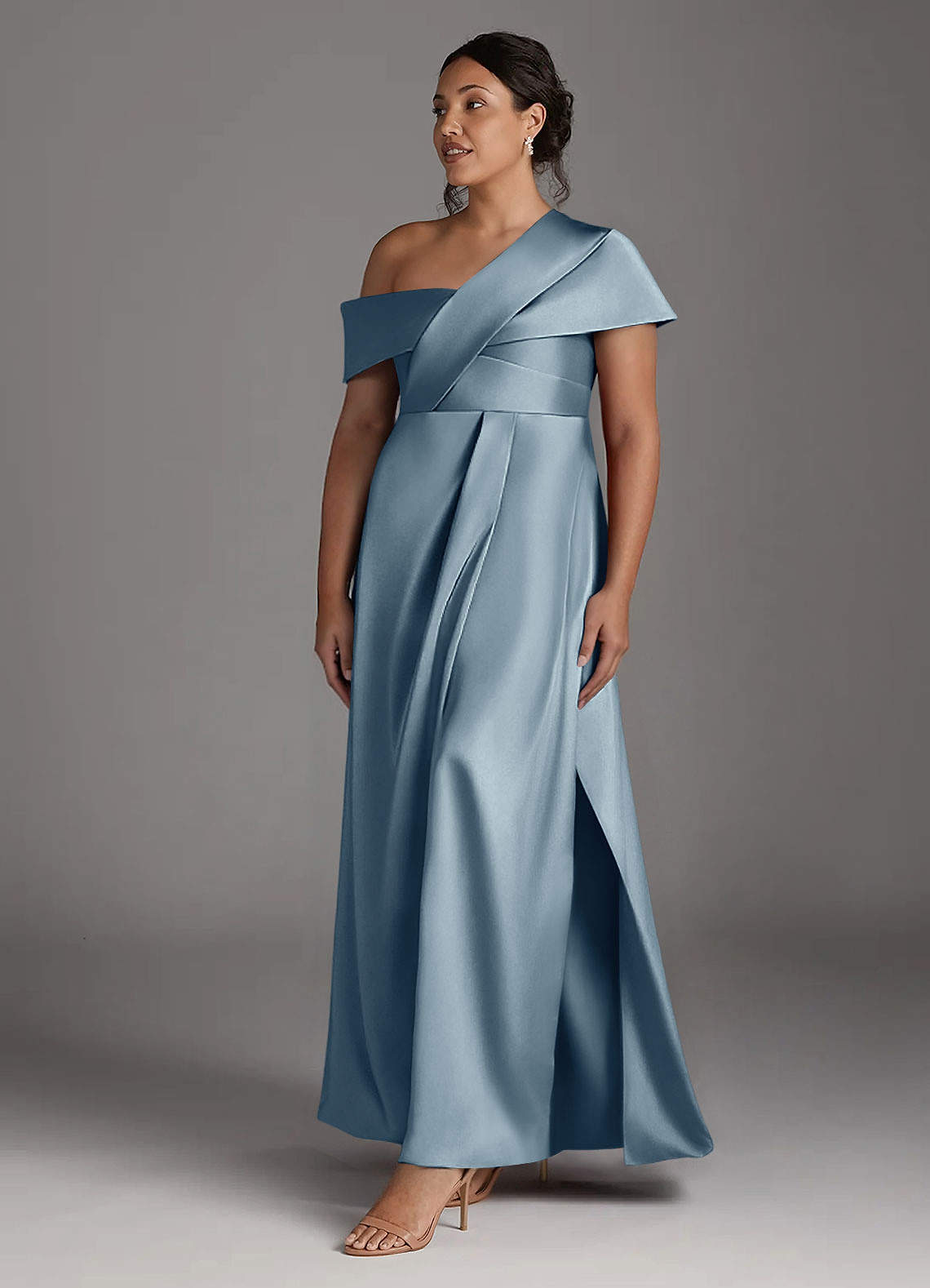 Azazie Milton Mother of the Bride Dresses Dusty Blue A-Line Pleated Stretch Satin Dress image10
