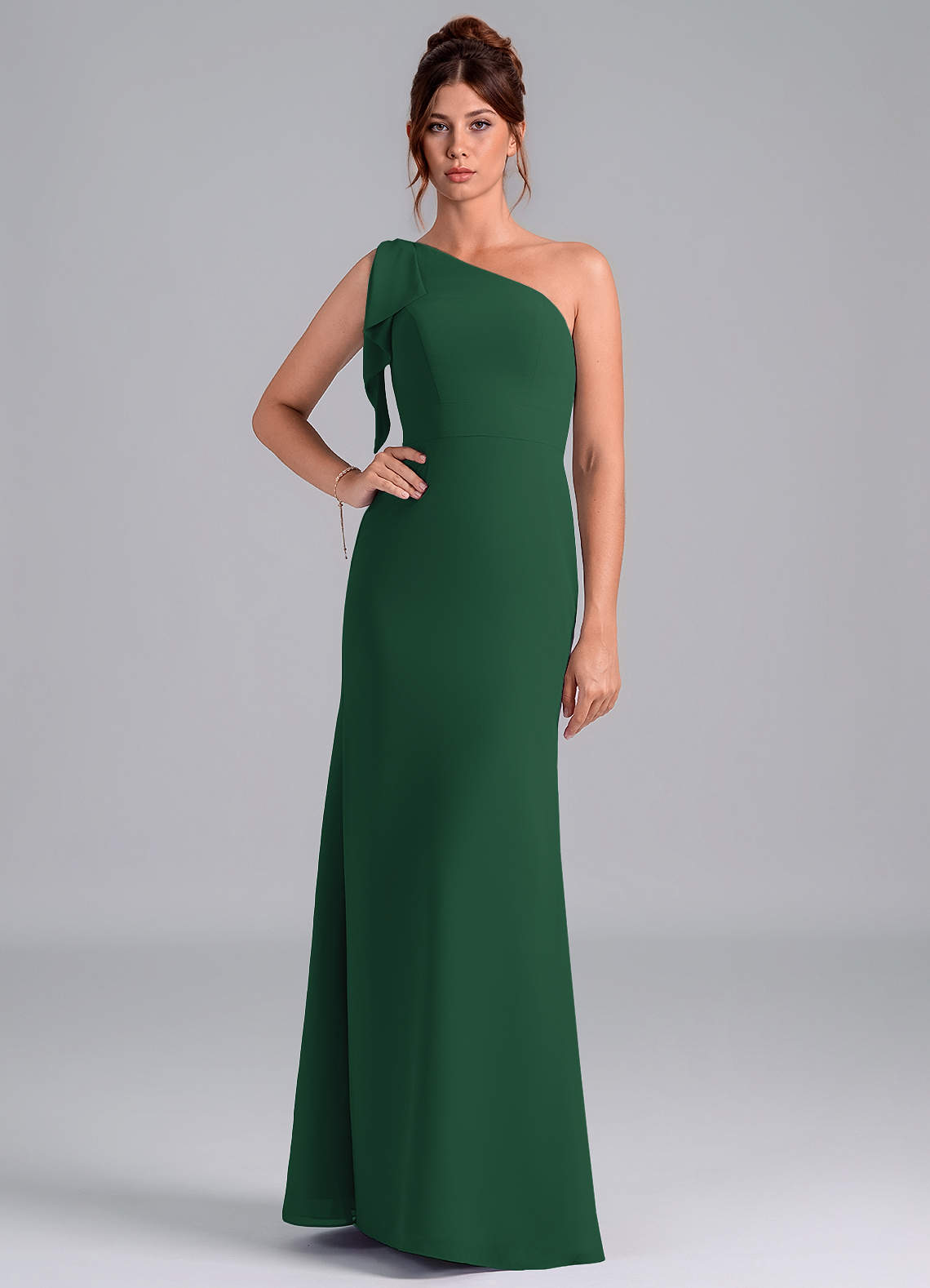 Azazie Rinna Jurken voor bruidsmeisjes Jurk van Chiffon met Zeemeermin One-Shoulder Donkergroen image1