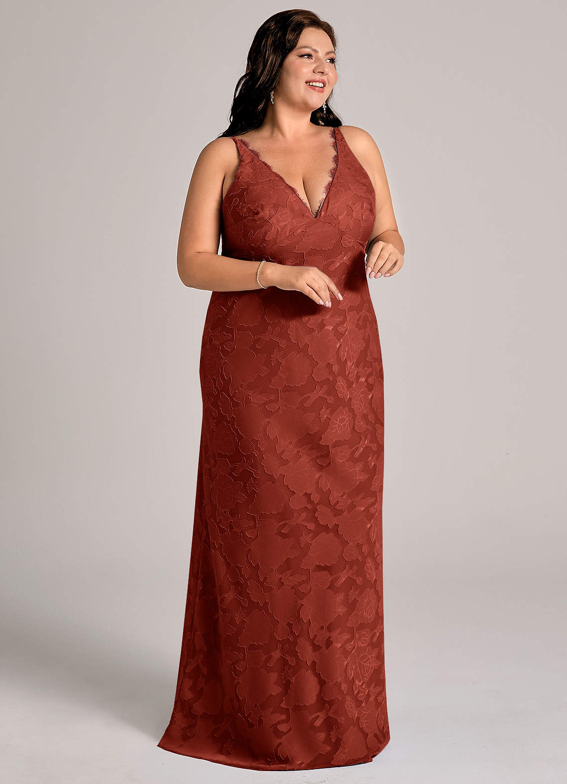 Azazie Tianna Bridesmaid Dresses Terracotta Sheath Lace Floral Burnout Dress image10