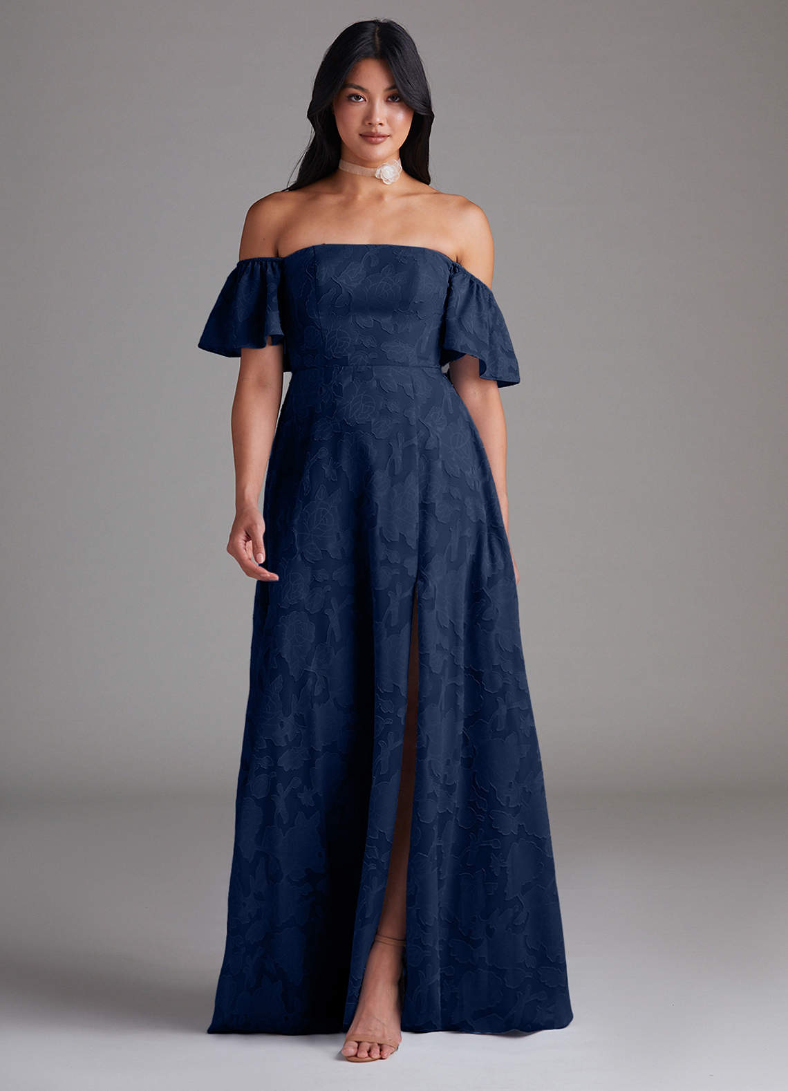 Azazie Sue Brautjungfernkleider Wandelbar A-Linie Schulterfrei Blumen-Burnout Kleid Dunkelmarine image1