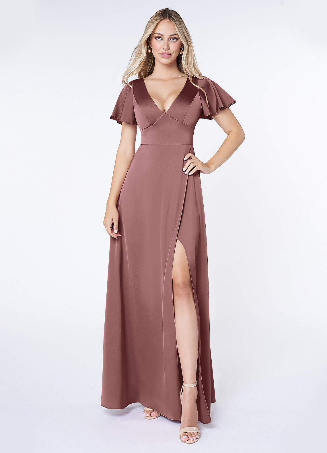 Azazie Lani Bridesmaid Dresses Vintage Mauve A-Line Flounce Sleeve Stretch Satin Dress image1
